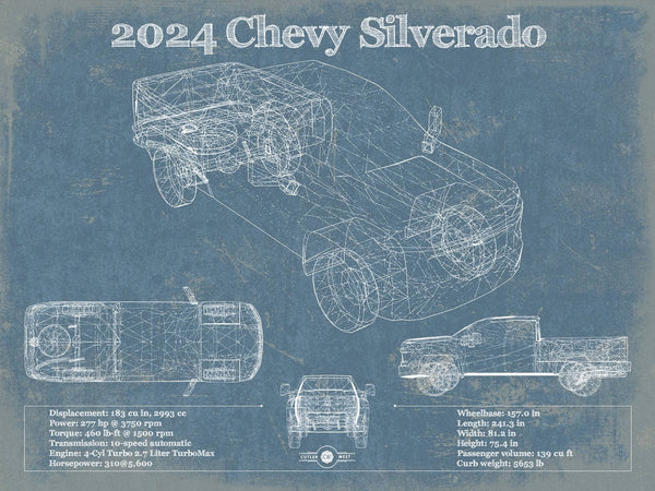 14" x 11" / Unframed Cutler West 2024 Chevrolet Silverado Vintage Blueprint Auto Print