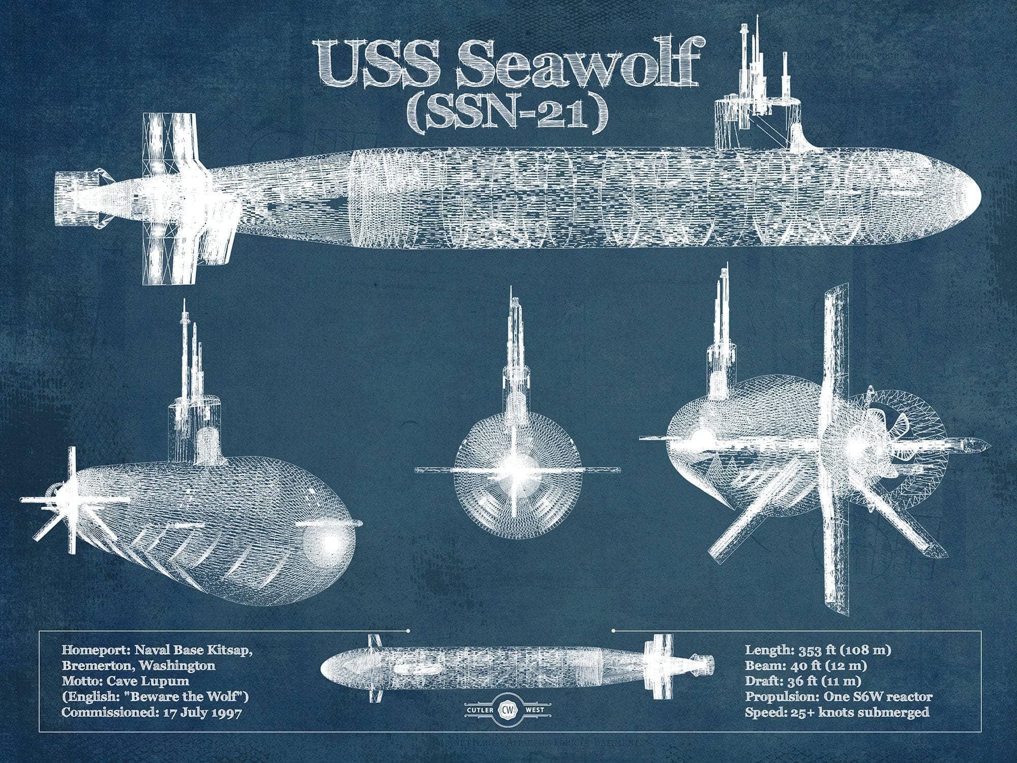 USS Seawolf (SSN-21) Blueprint Original Military Wall Art