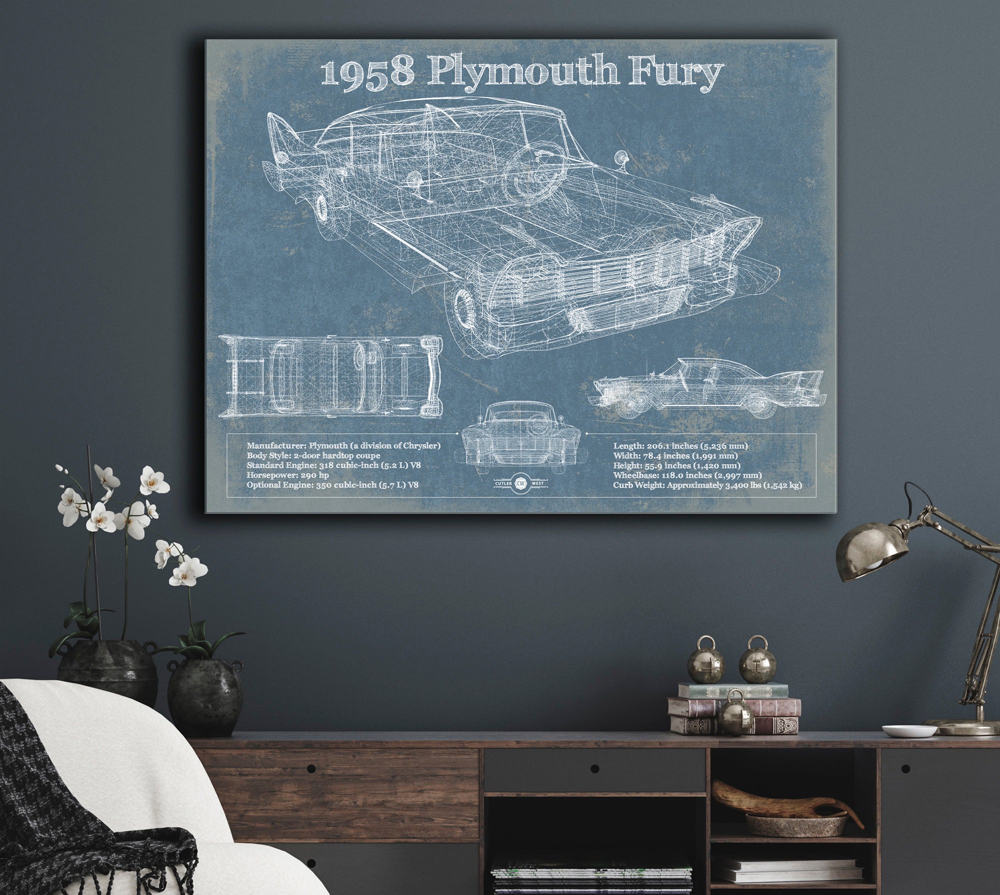 1958 Plymouth Fury Vintage Blueprint Auto Print