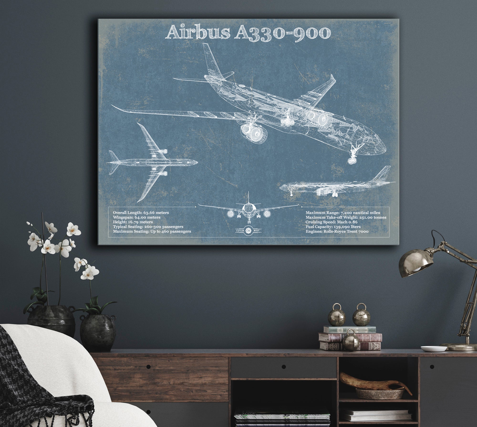 Airbus A330-900 Vintage Aviation Blueprint Print - Custom Pilot Name Can Be Added