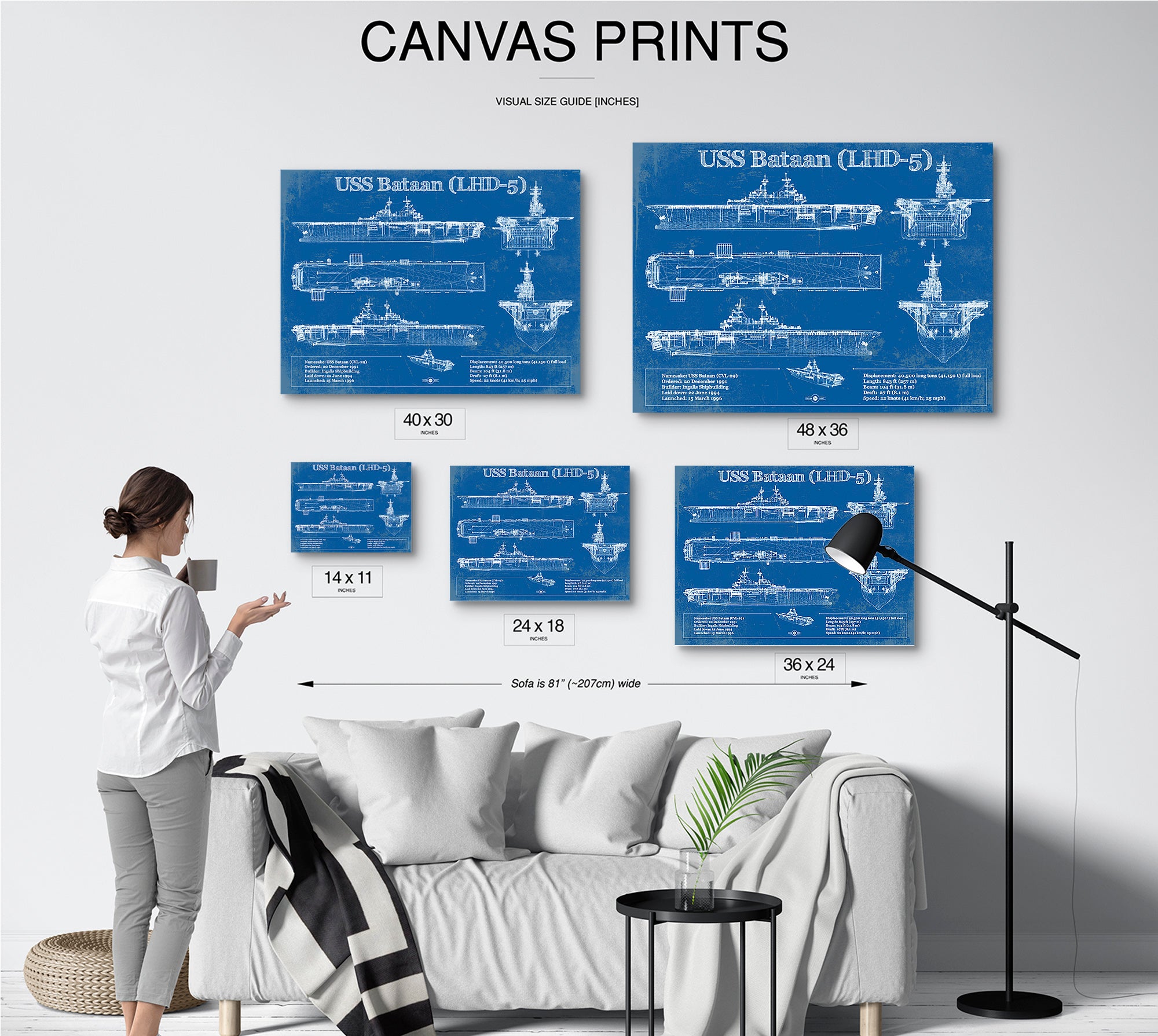 USS Bataan (LHD-5) Aircraft Carrier Blueprint Original Military Wall Art - Customizable