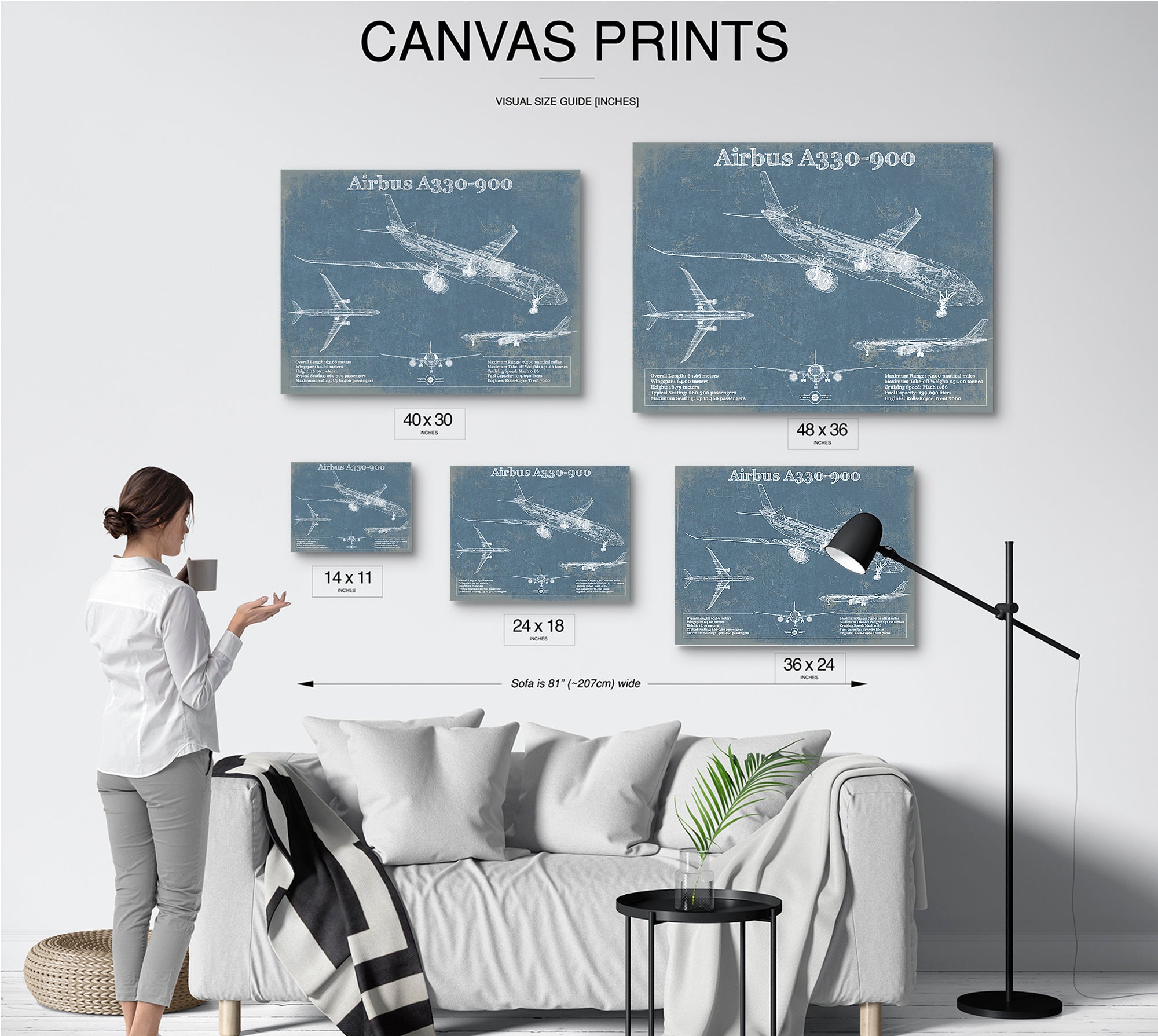 Airbus A330-900 Vintage Aviation Blueprint Print - Custom Pilot Name Can Be Added