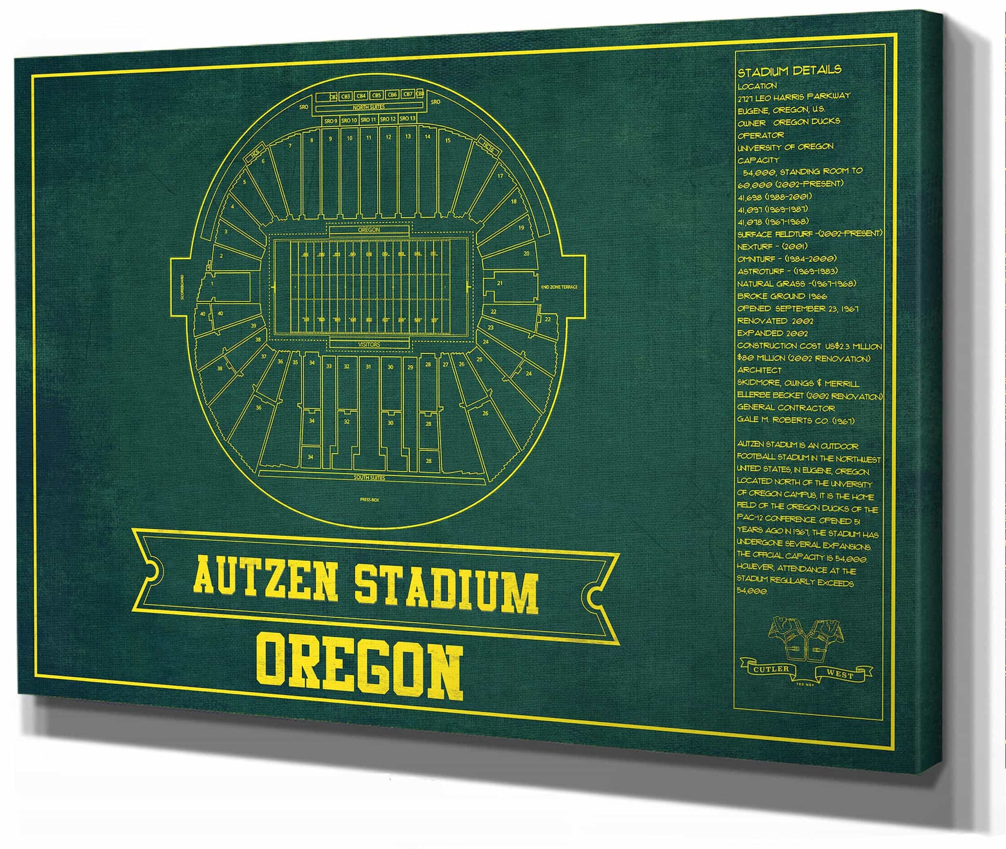 Autzen Stadium Blueprint Team Color Art Chart - Oregon Ducks Football Fan Print