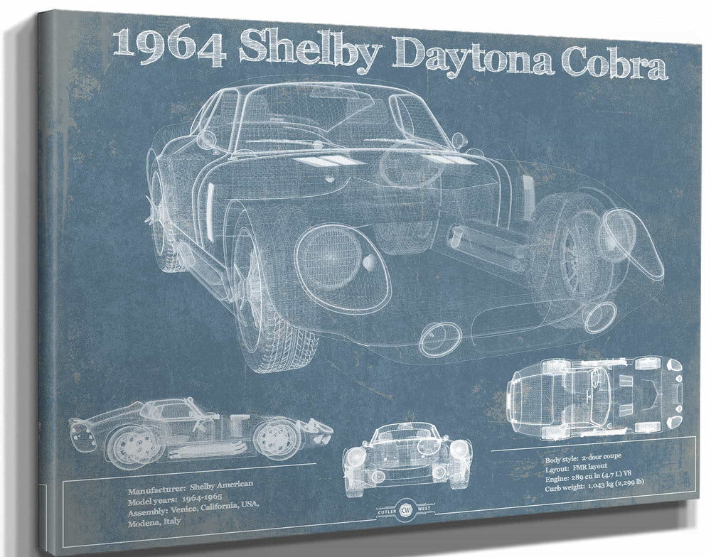 14" x 11" / Stretched Canvas Wrap Cutler West 64' Shelby Cobra Daytona Blueprint Vintage Auto Print