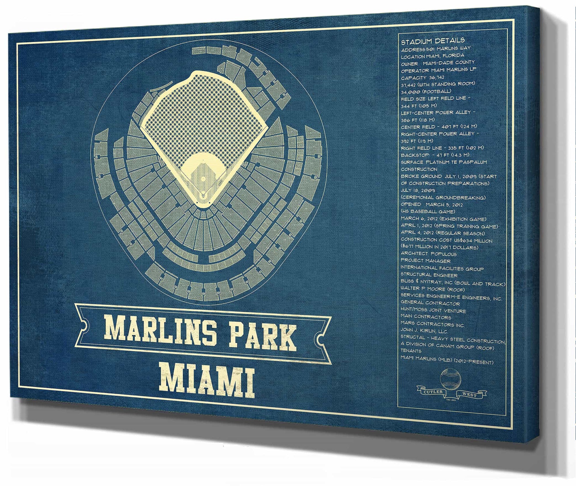 Miami Marlins - Marlin Park Blueprint - Vintage Baseball Fan Print