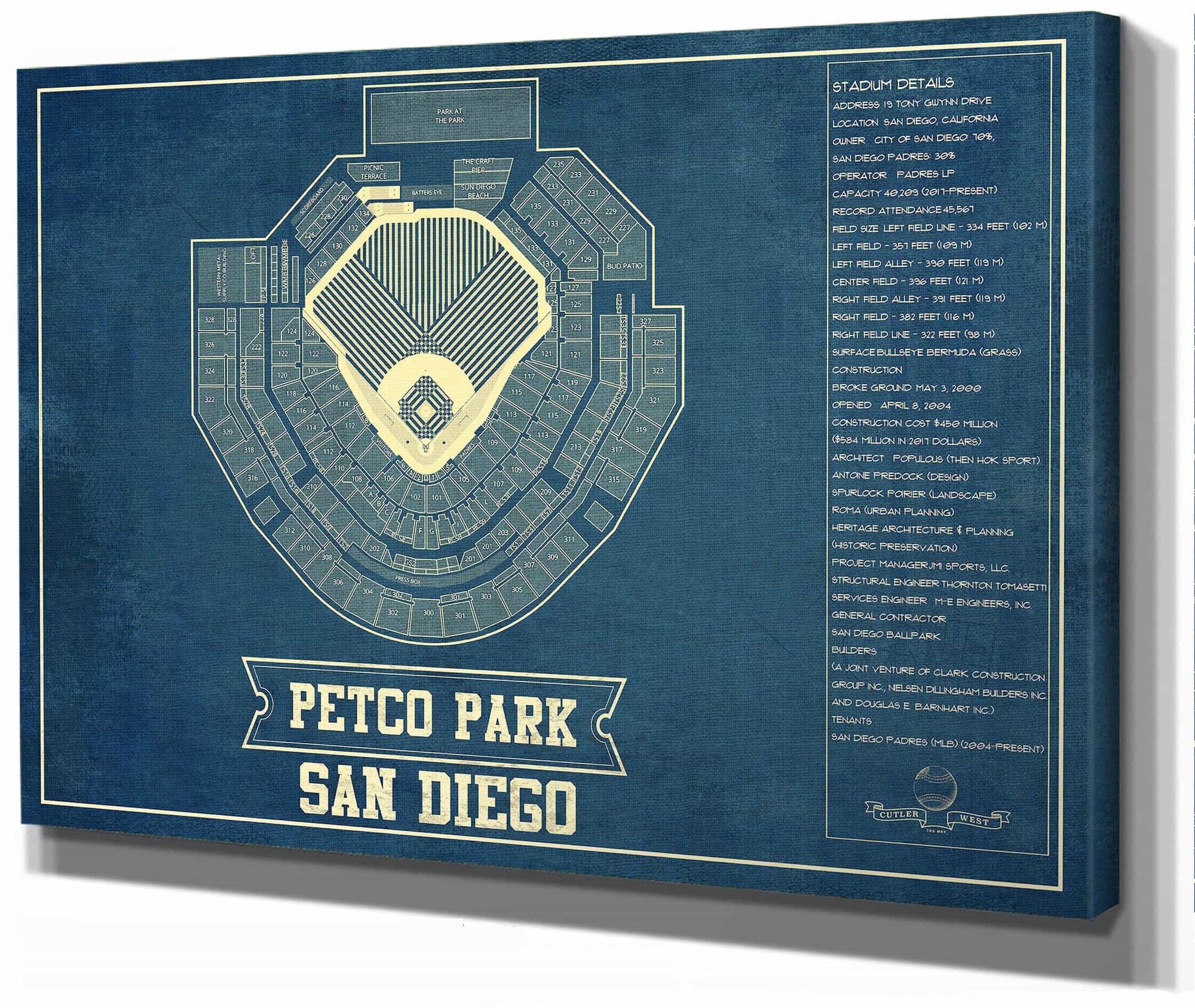 San Diego Padres - Petco Park Vintage Stadium Blueprint Baseball Print