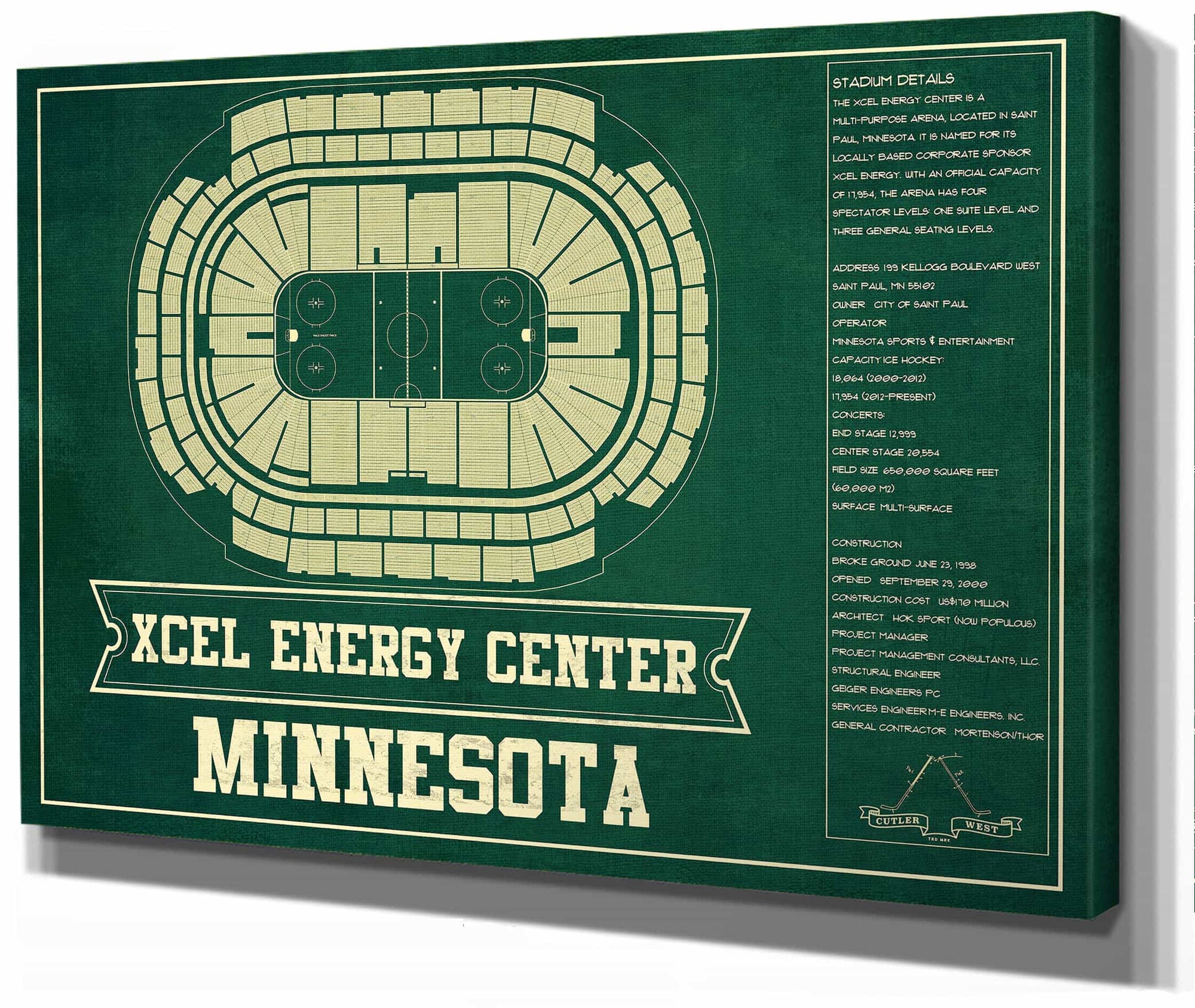 Minnesota Wild Team Colors - Xcel Energy Center Vintage Hockey Blueprint NHL Print