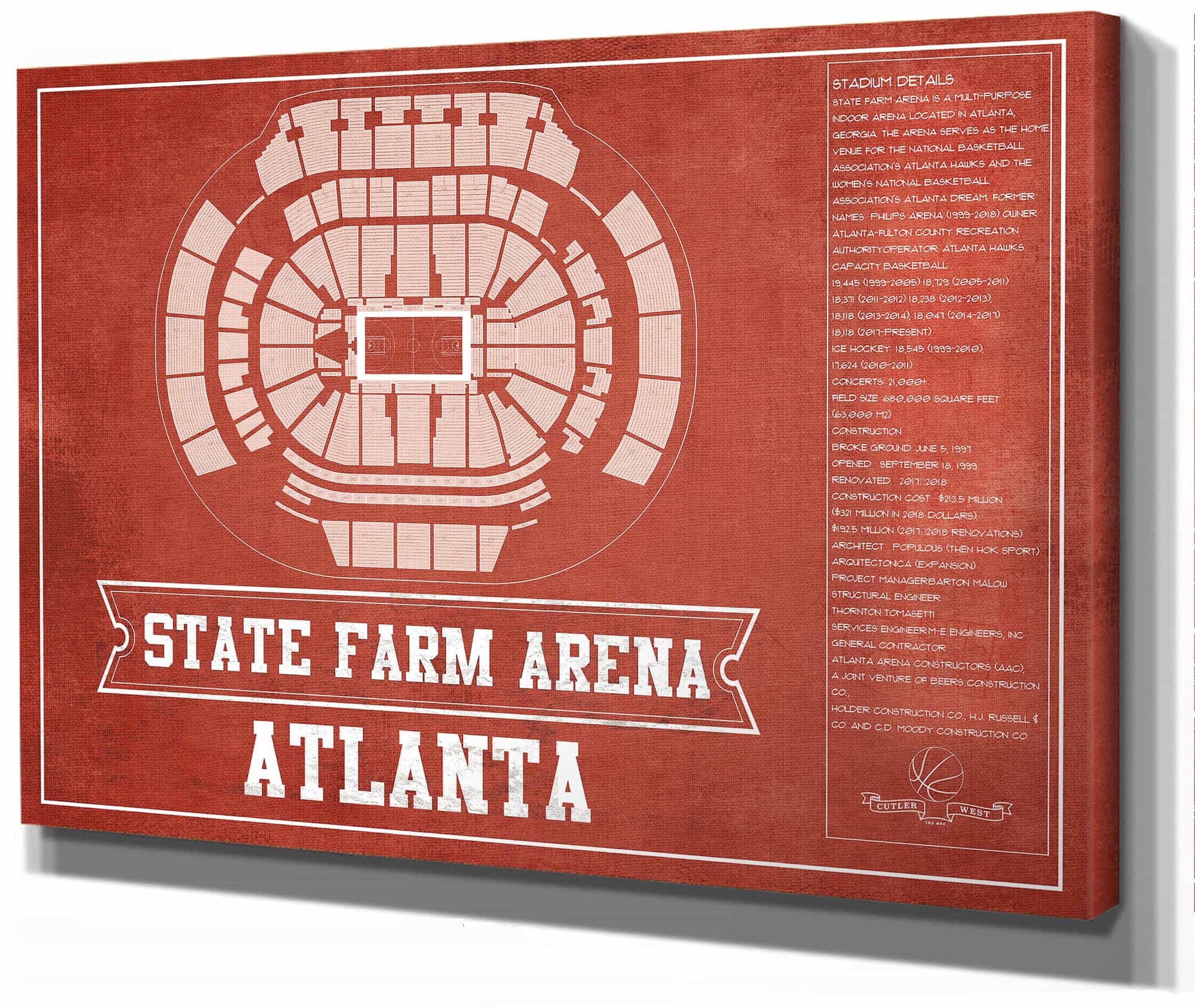 Atlanta Hawks - State Farm Arena Vintage Basketball Blueprint NBA Print