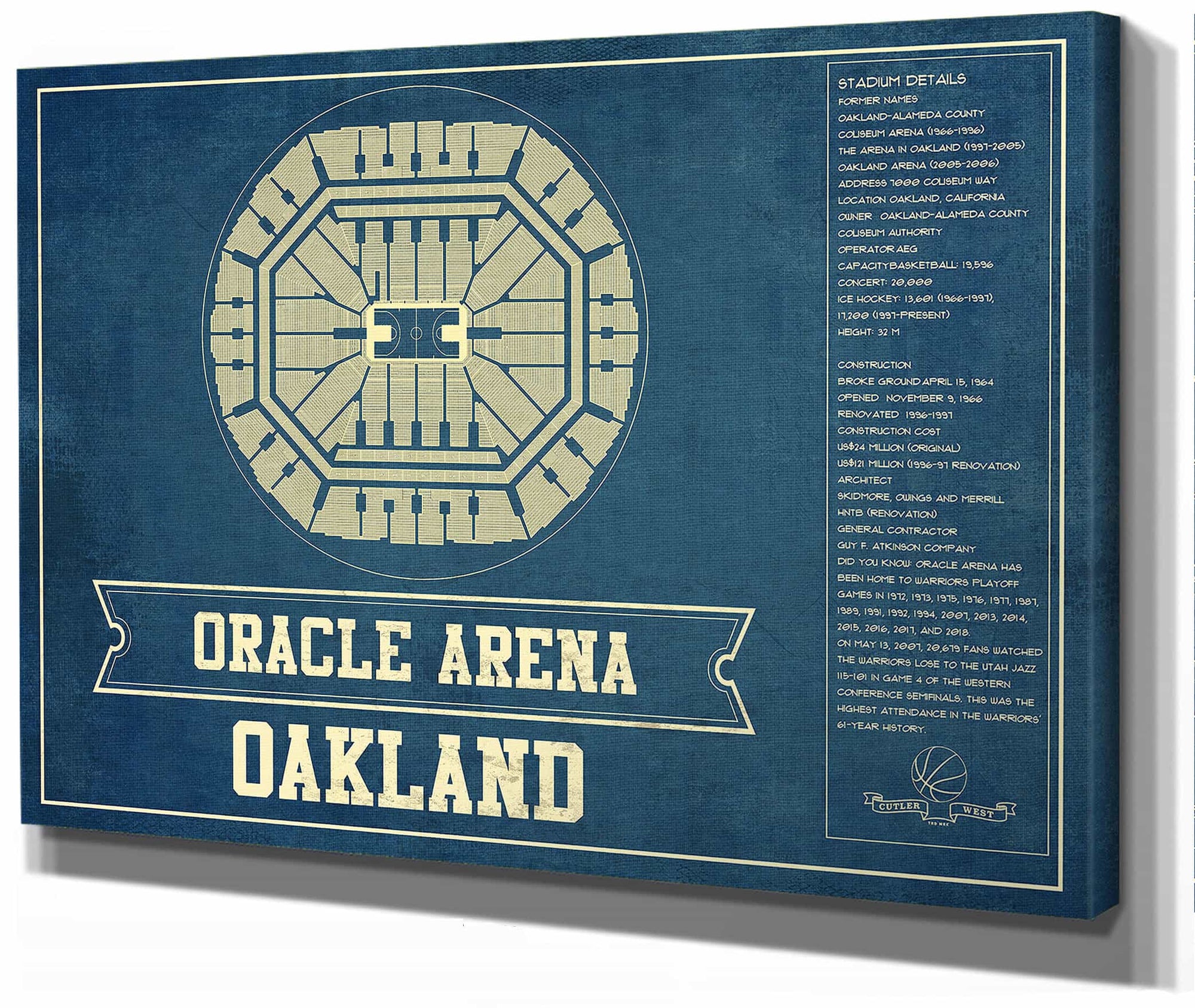Golden State Warriors - Oracle Arena Vintage Basketball Blueprint Framed NBA Print