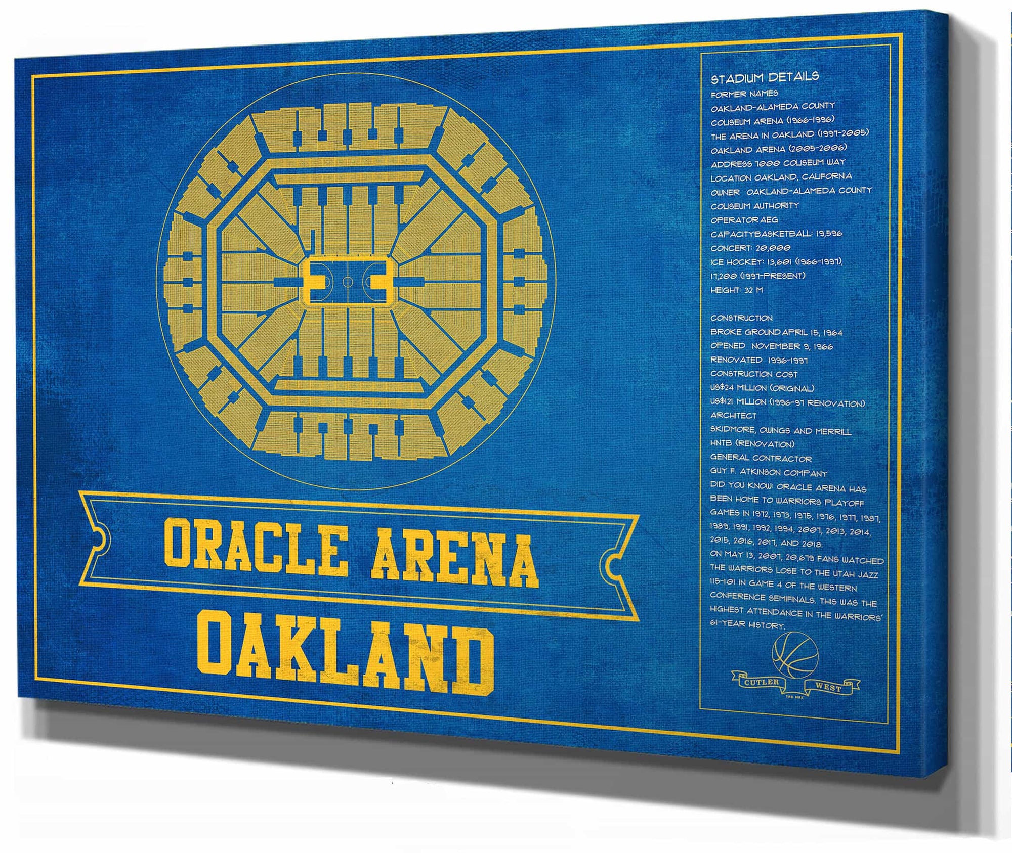 Golden State Warriors - Oracle Arena Vintage Basketball Blueprint Framed NBA Team Color Print