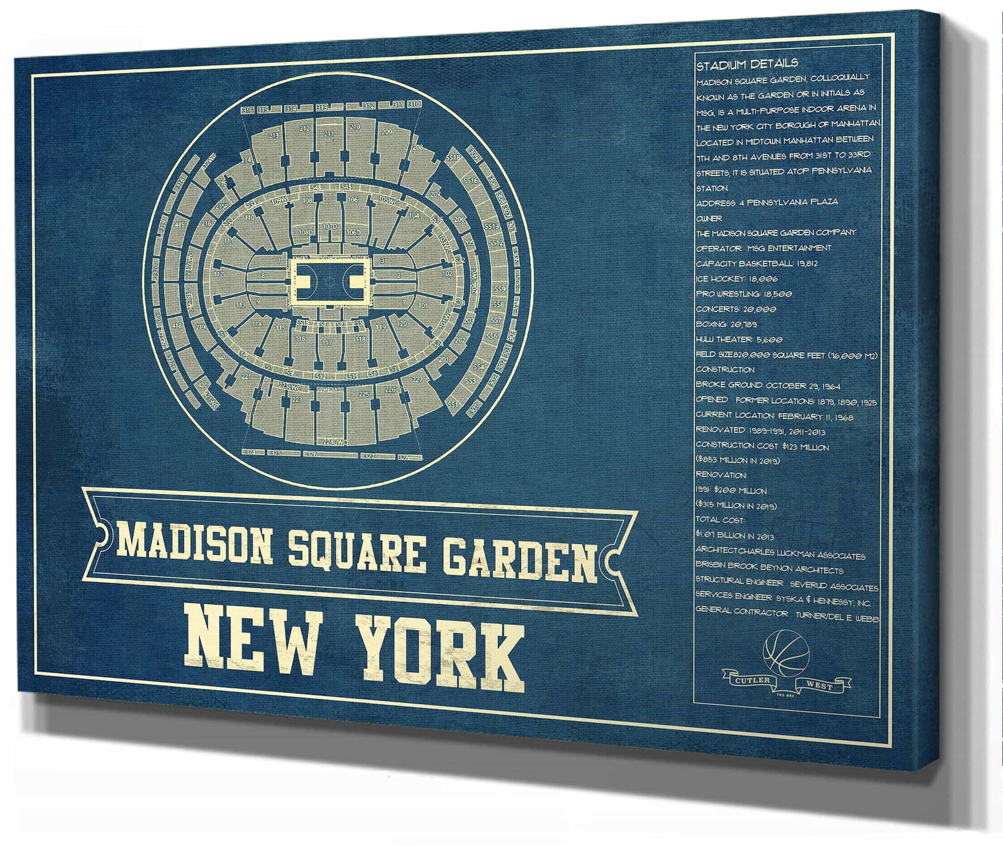 New York Knicks - Madison Square Garden Vintage Blueprint NBA Basketball NBA Print