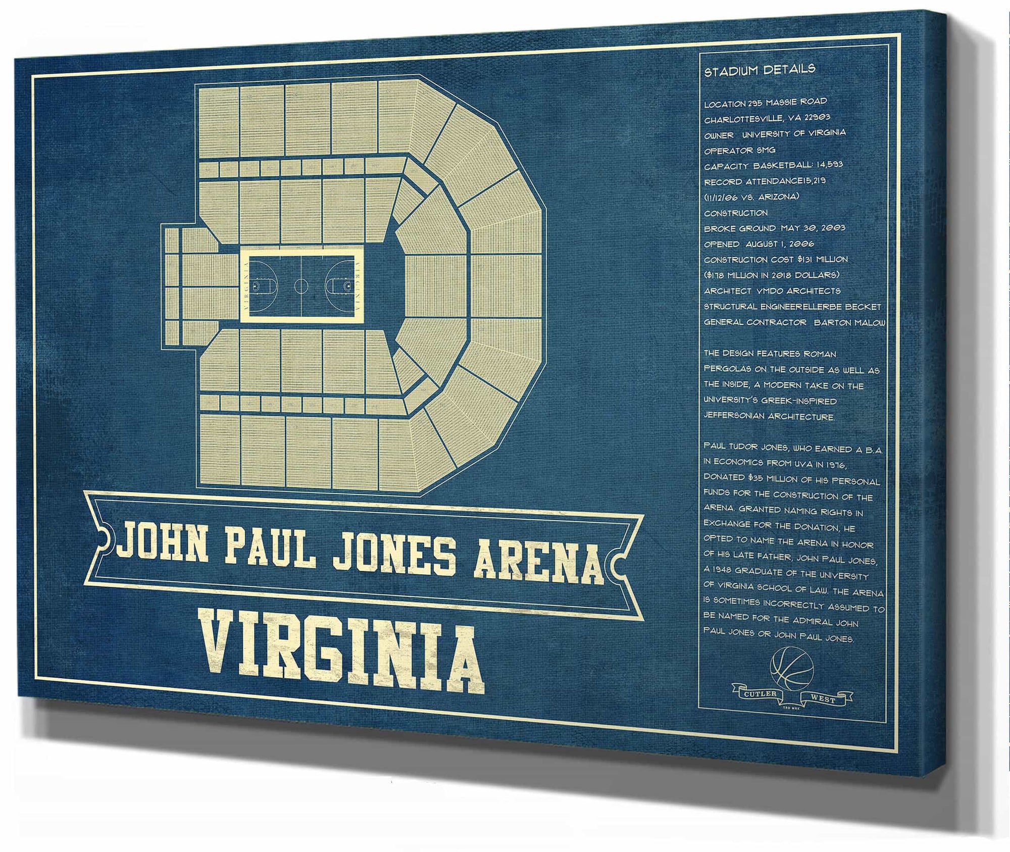 Virginia Cavaliers - John Paul Jones Arena Seating Chart - College Basketball Blueprint Art