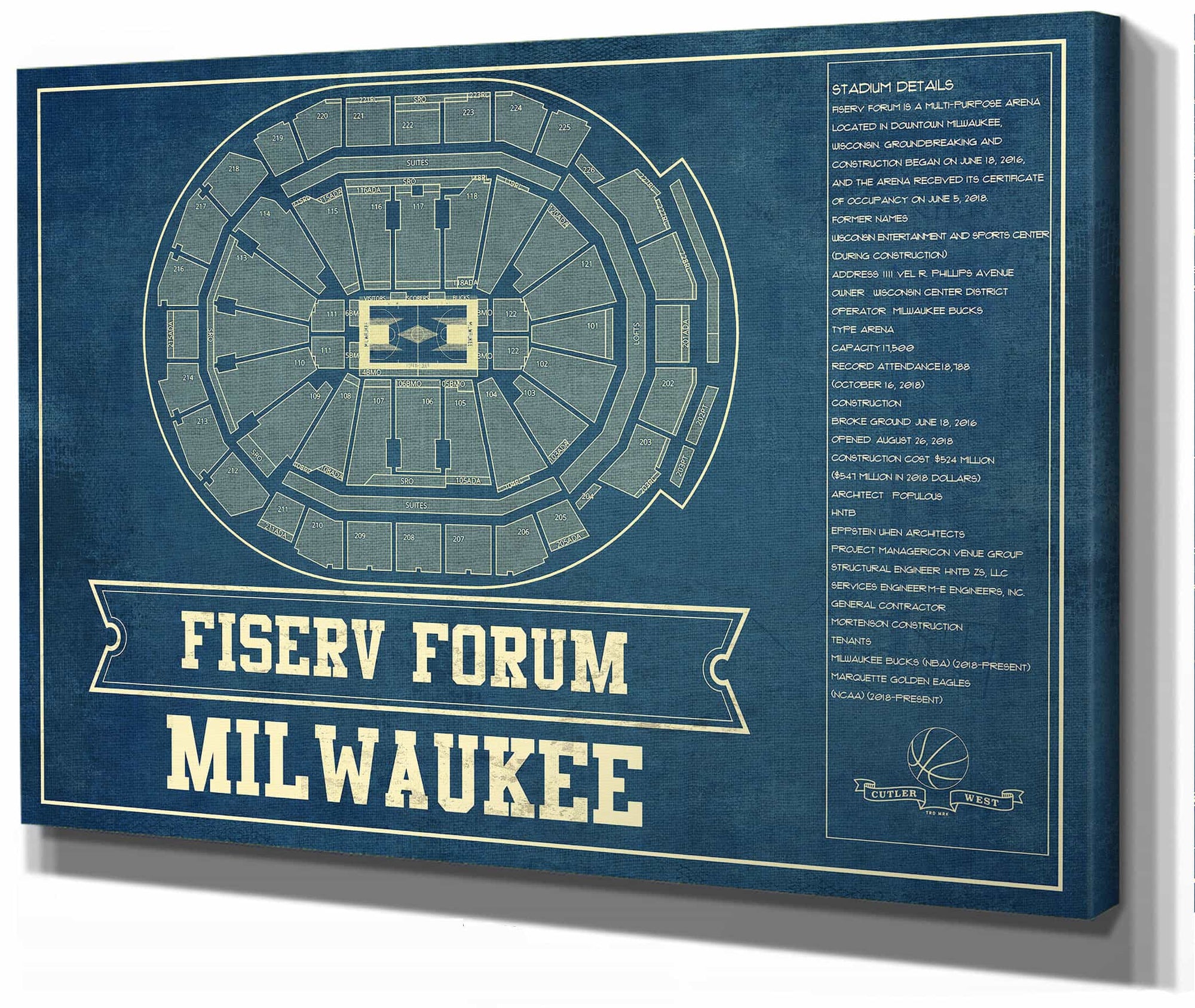Milwaukee Bucks - Fiserv Forum Vintage Basketball Blueprint NBA Print