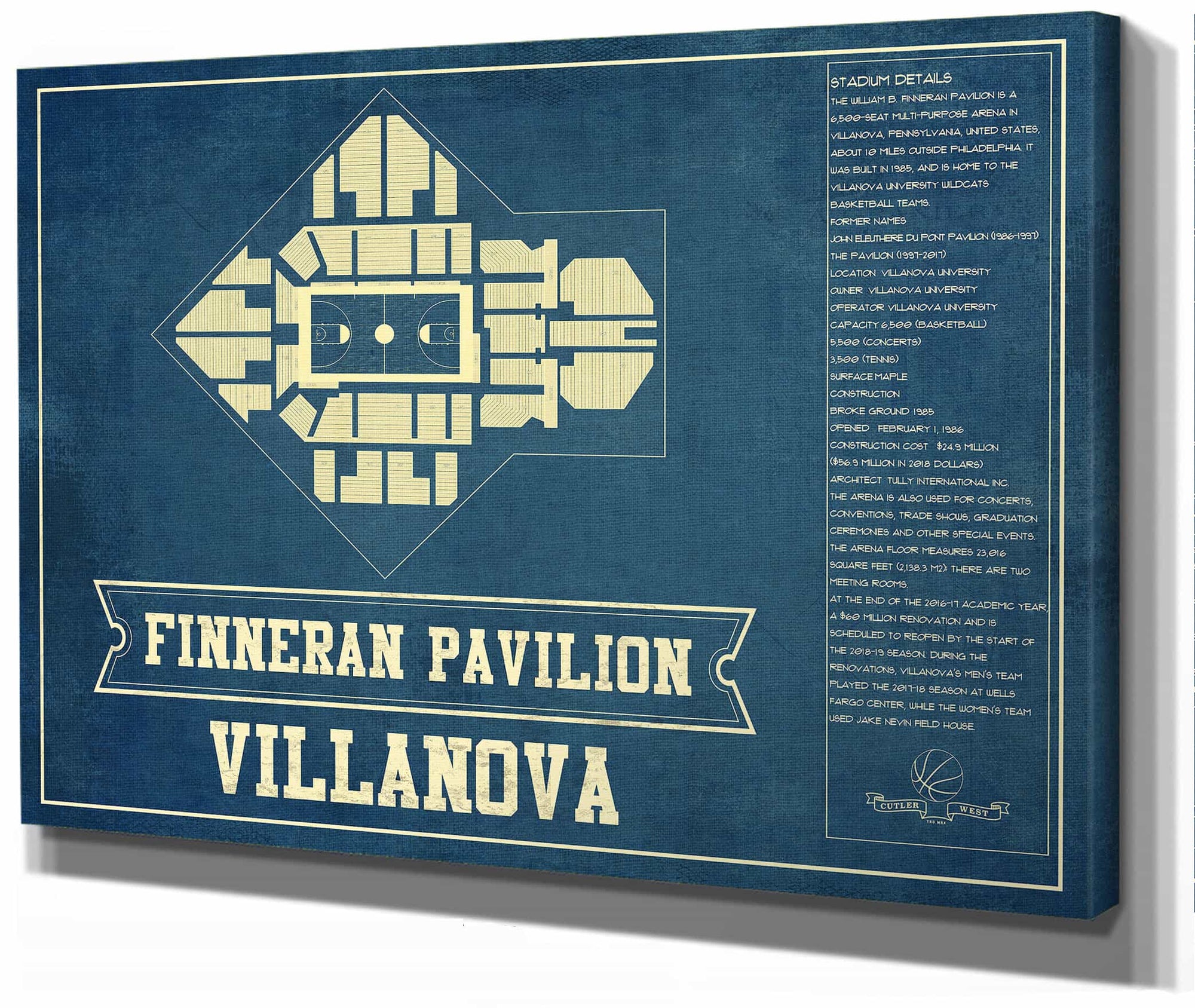 Villanova Wildcats - Finneran Pavilion Seating Chart - College Basketball Blueprint Art