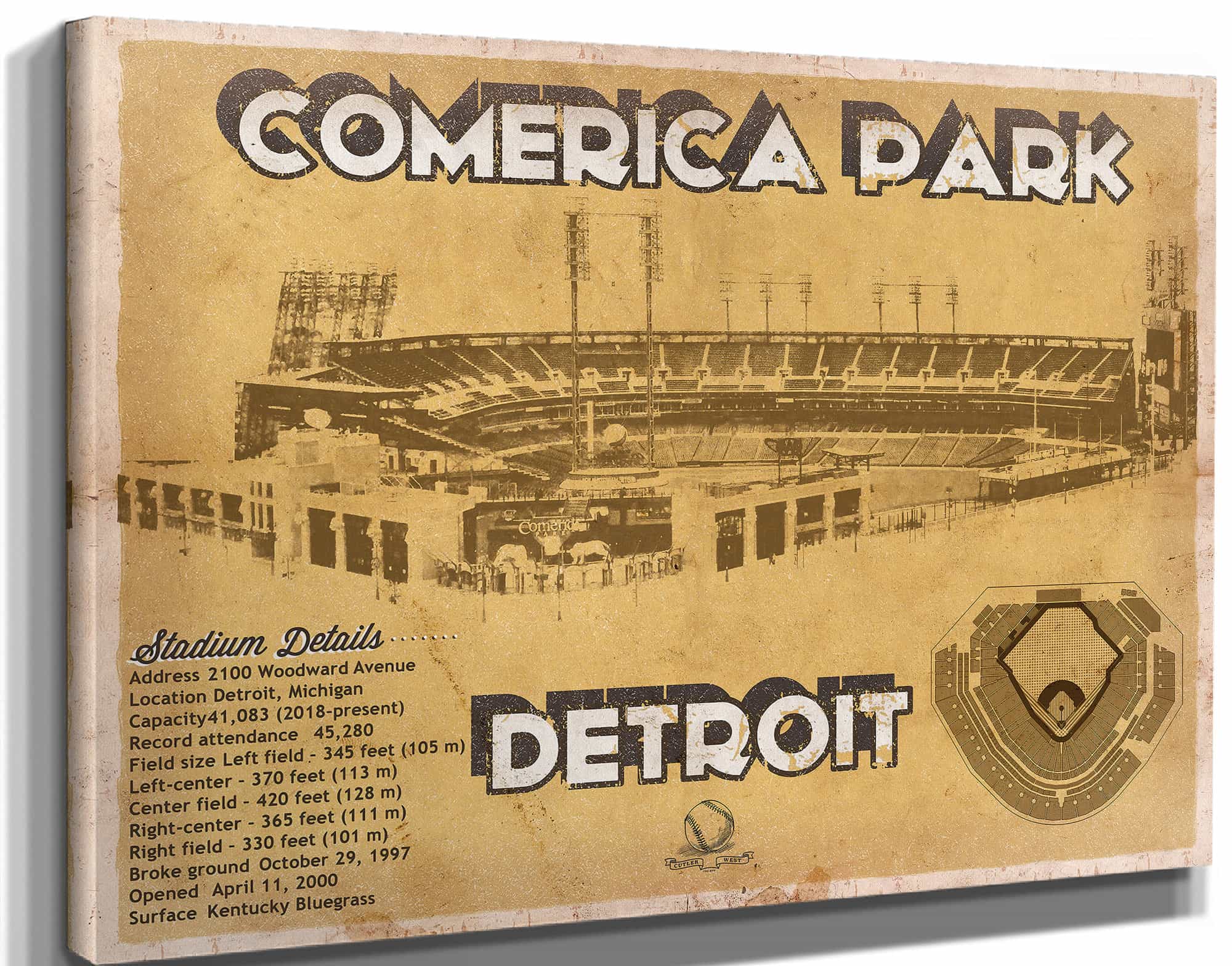 Vintage Detroit Tigers Comerica Park Baseball Print
