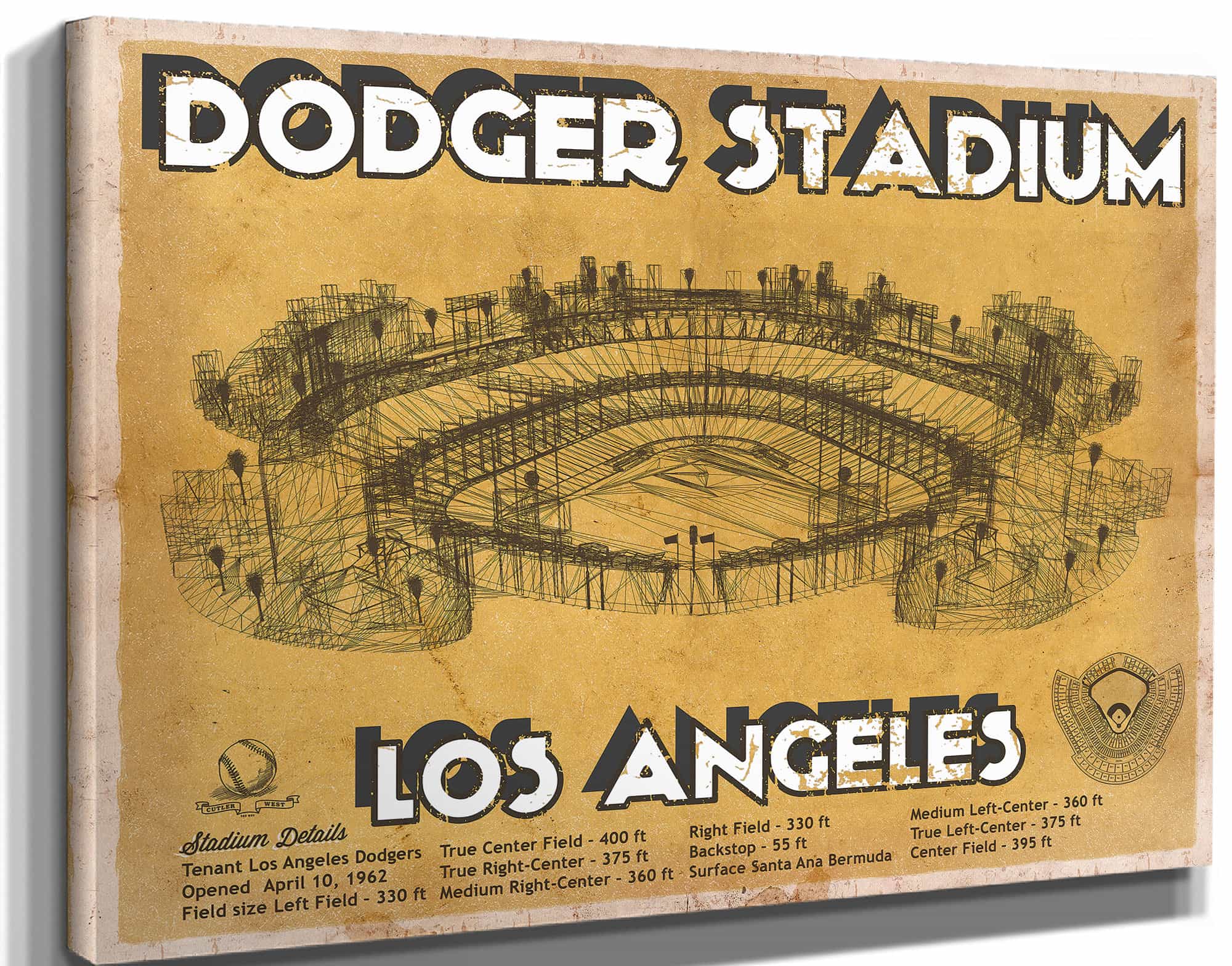 Vintage LA Dodgers Stadium Blueprint Baseball Print - Vintage Brown Edition