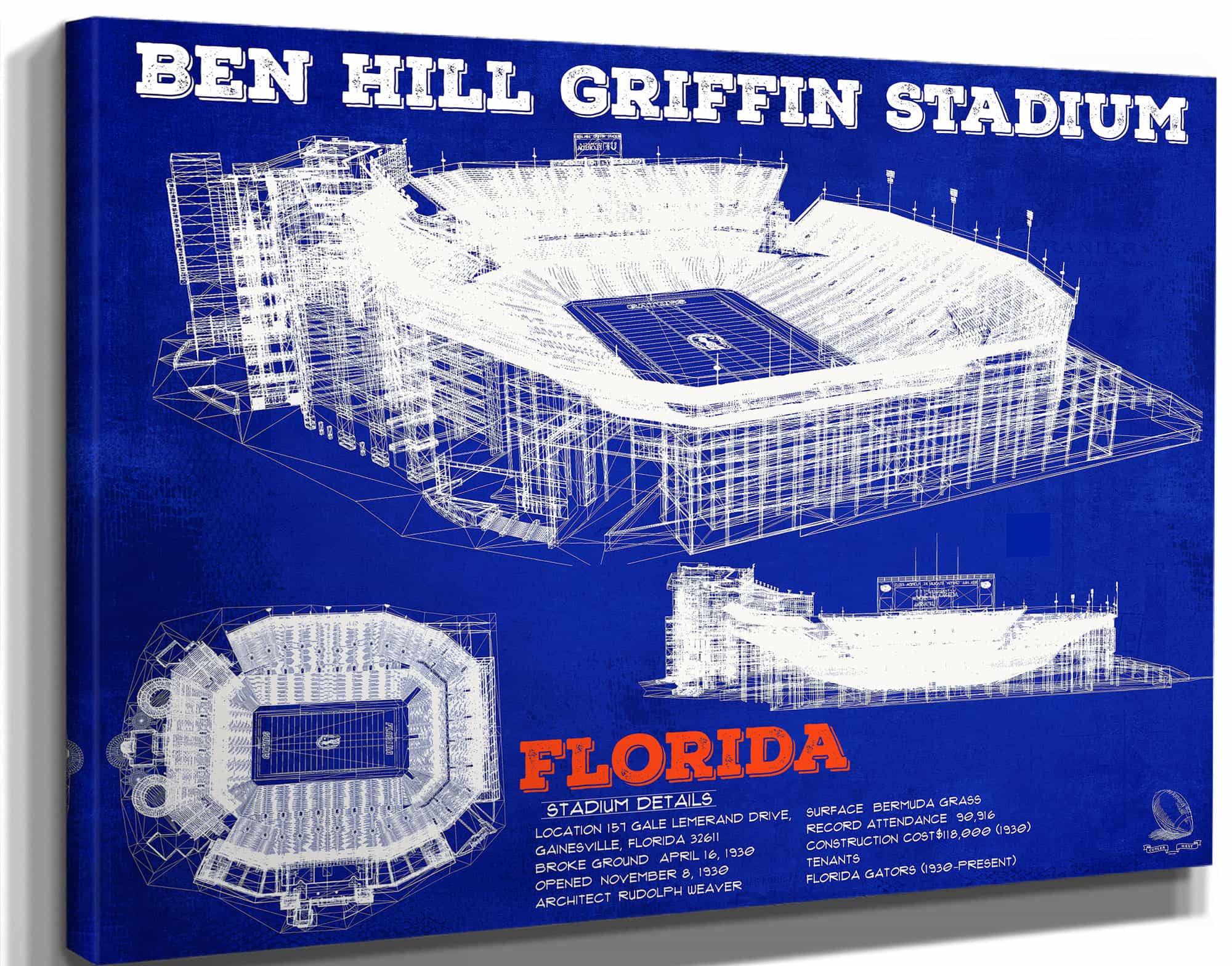 Ben Hill Griffin Stadium - University of Florida Gators Vintage Stadium & Blueprint Art Print