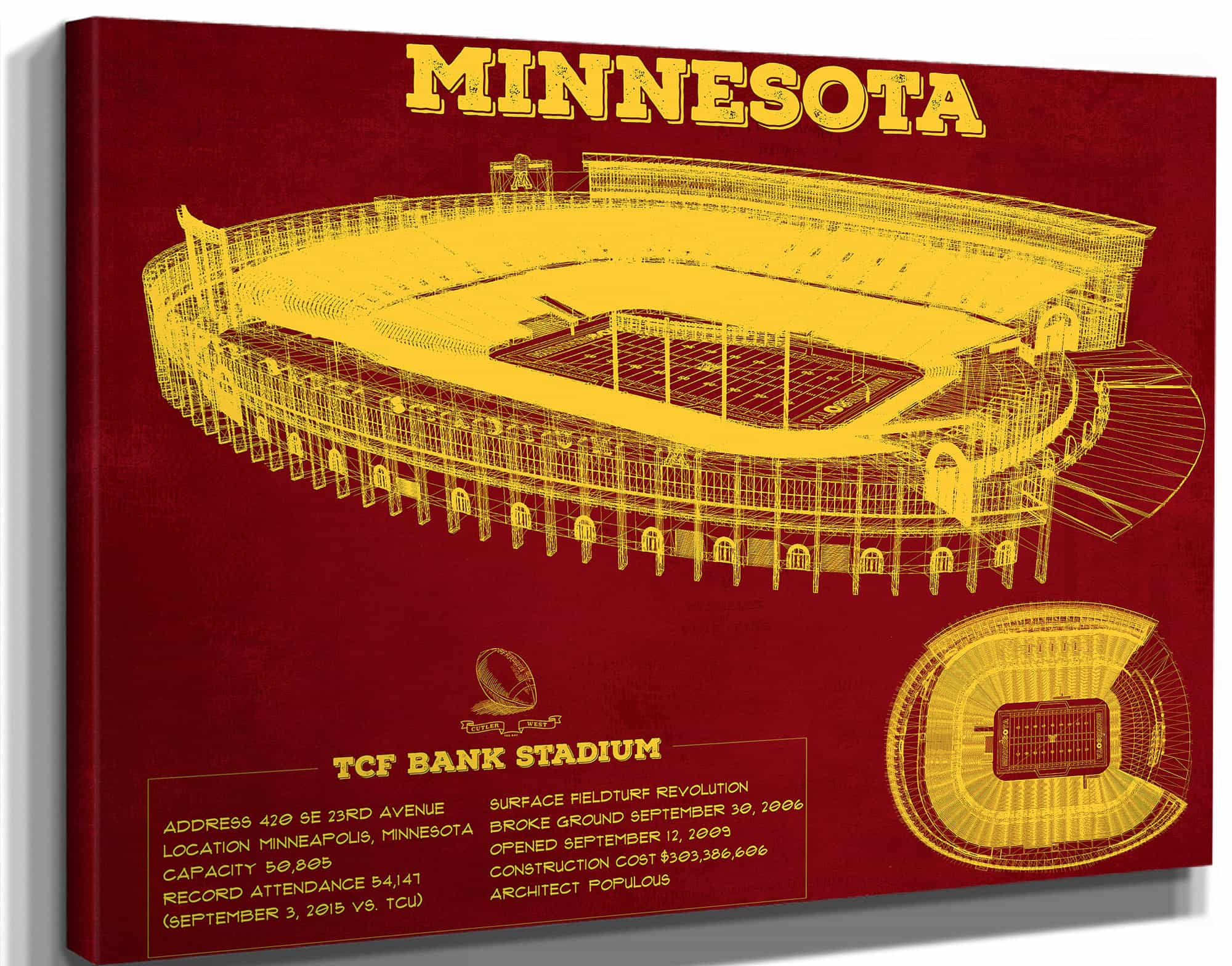 Minnesota Gophers - Vintage TCF Bank Stadium  Blueprint Art Print