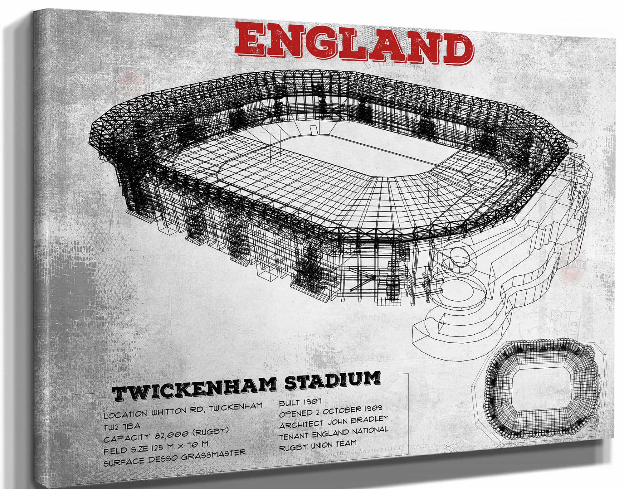 England Rugby - Vintage Twickenham Stadium Print
