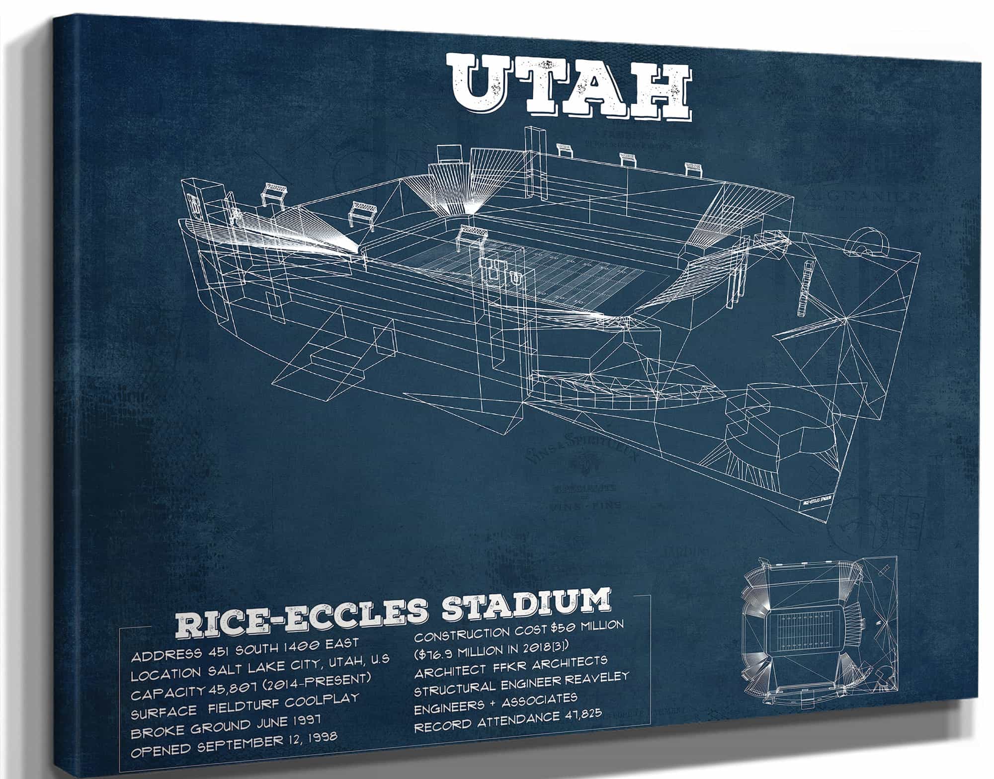 Utah Utes Wall Art - Vintage Rice–Eccles StadiumBlueprint Art Print