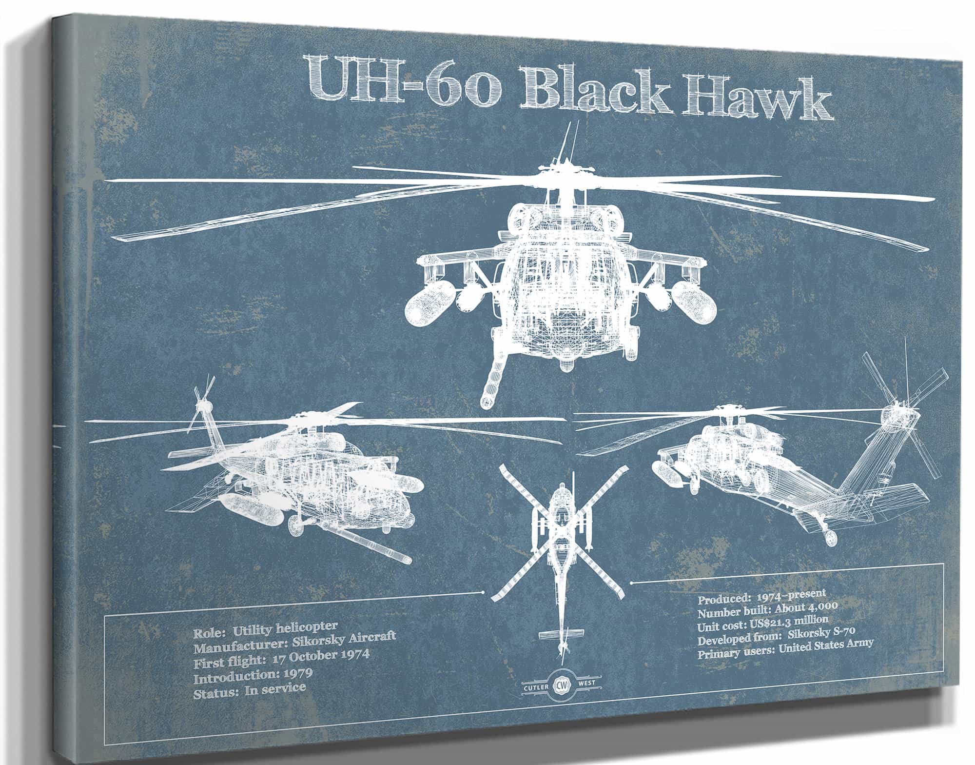 UH-60 Blackhawk Helicopter Vintage Aviation Blueprint Military Print