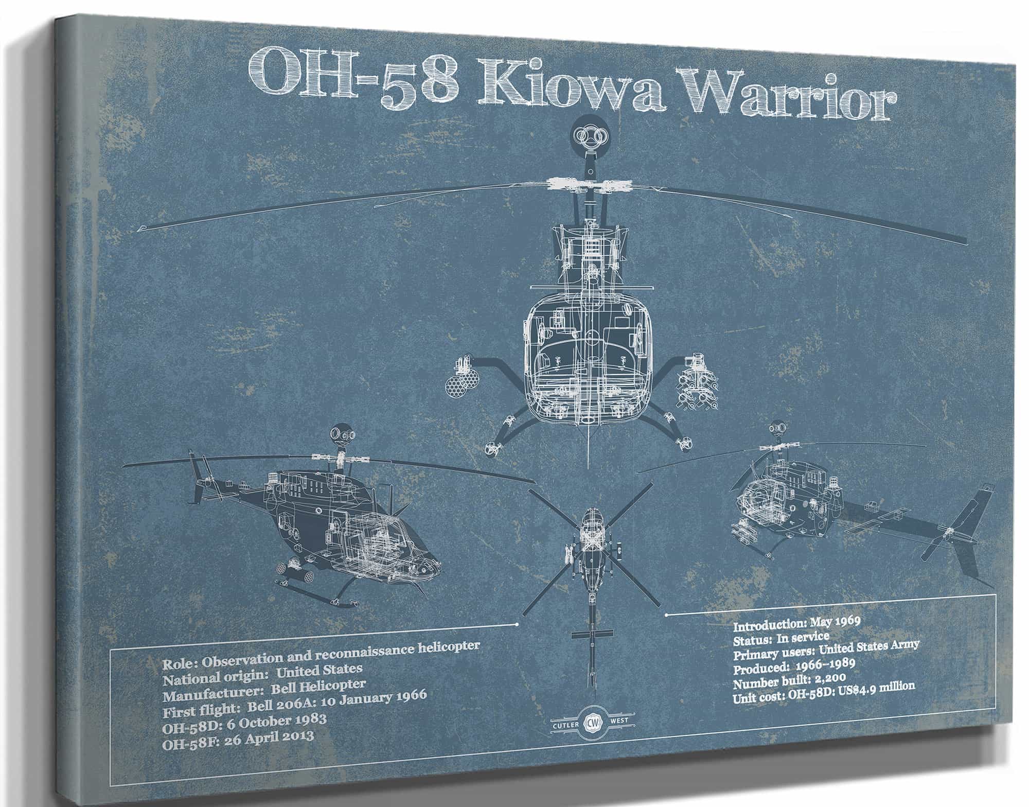 OH-58 Kiowa Warrior Helicopter Vintage Aviation Blueprint Military Print