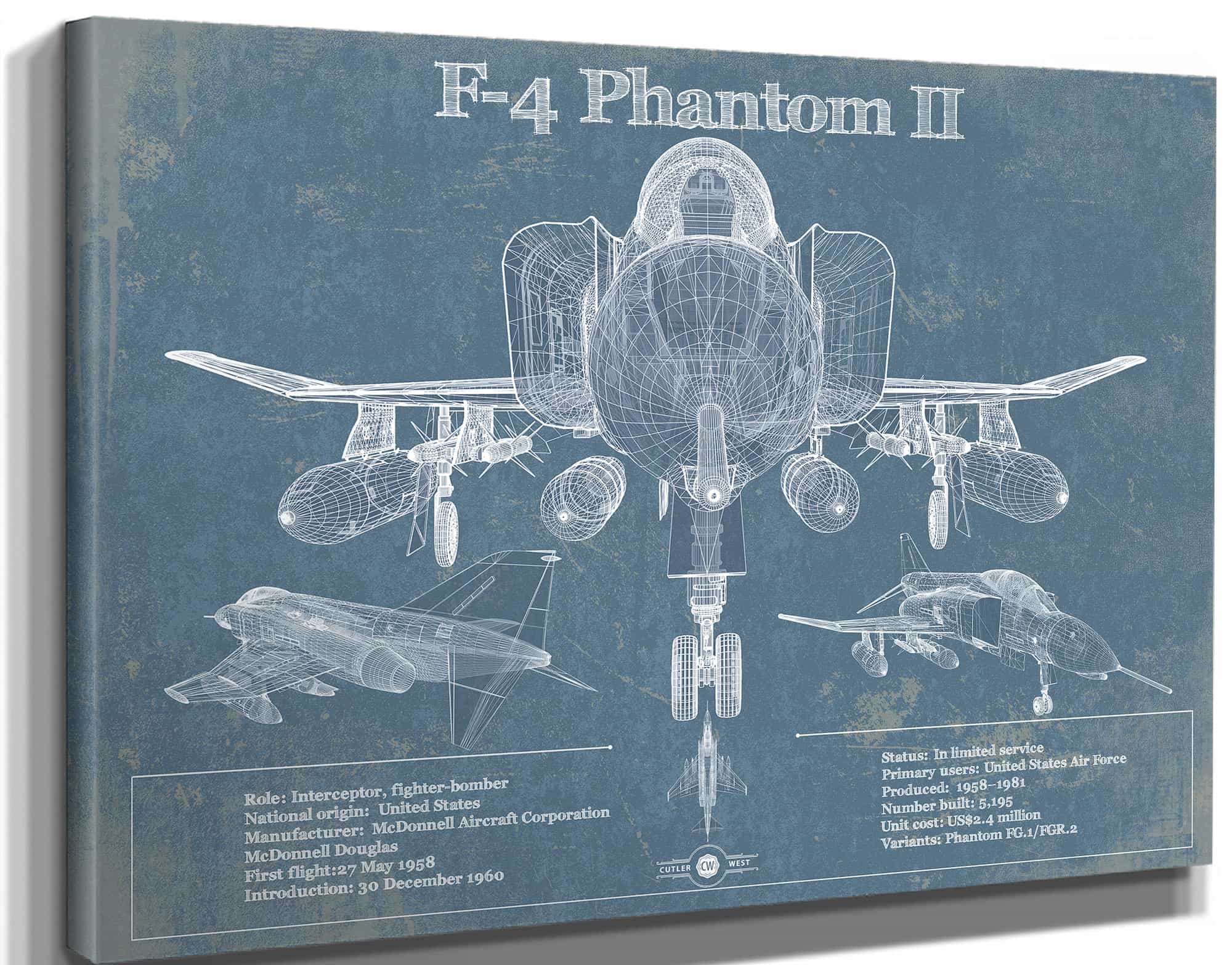F-4 Phantom II Aircraft Blueprint Original Military Wall Art