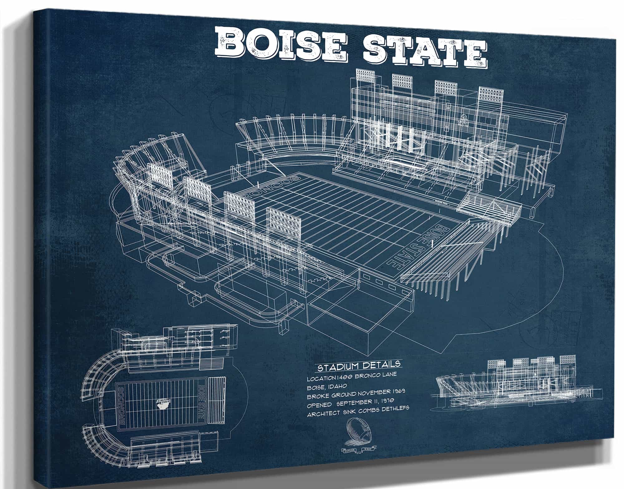 Boise State Broncos Art - Vintage Boise State Stadium Blueprint Art Print