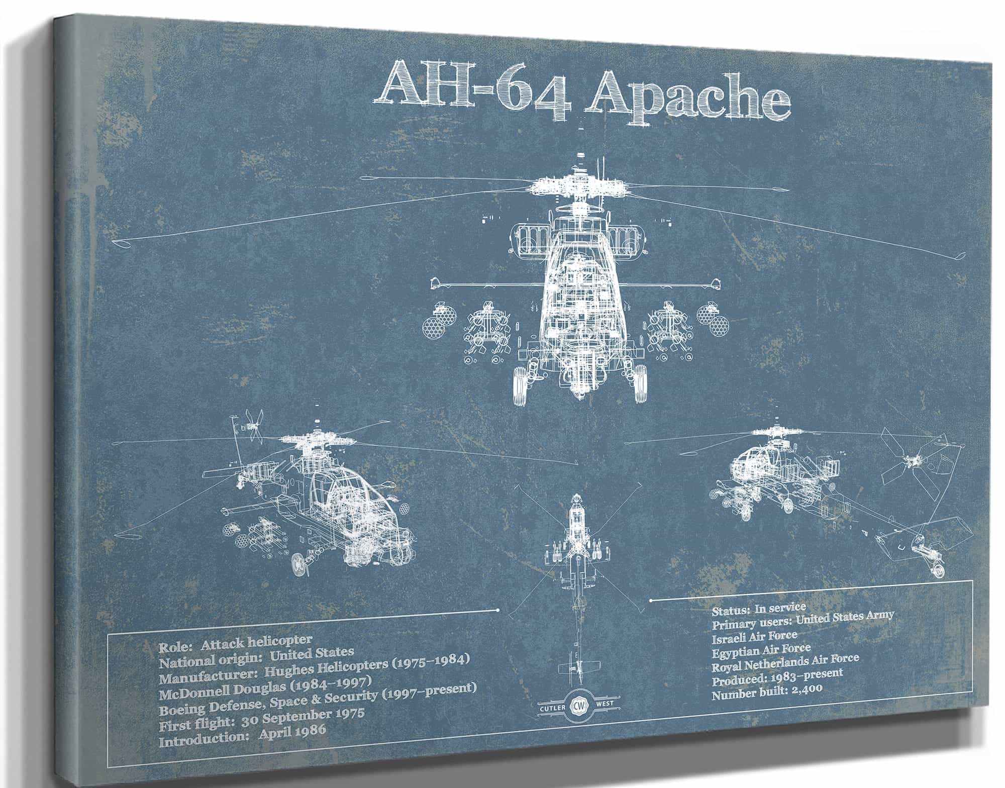 AH-64 Apache Helicopter Vintage Aviation Blueprint Military Print