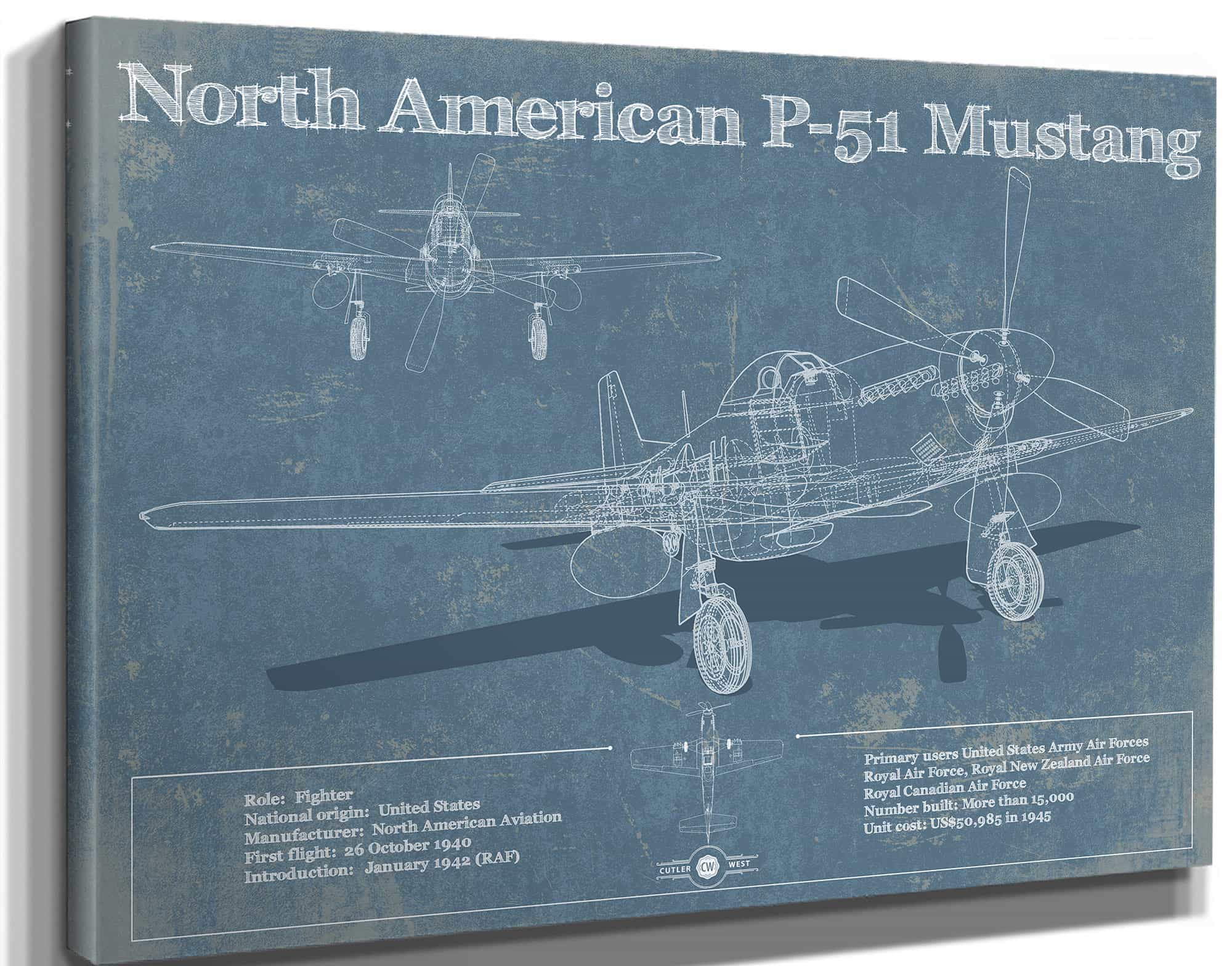 P-51 Mustang Fighter Plane Aircraft Blueprint Original Military Wall Art