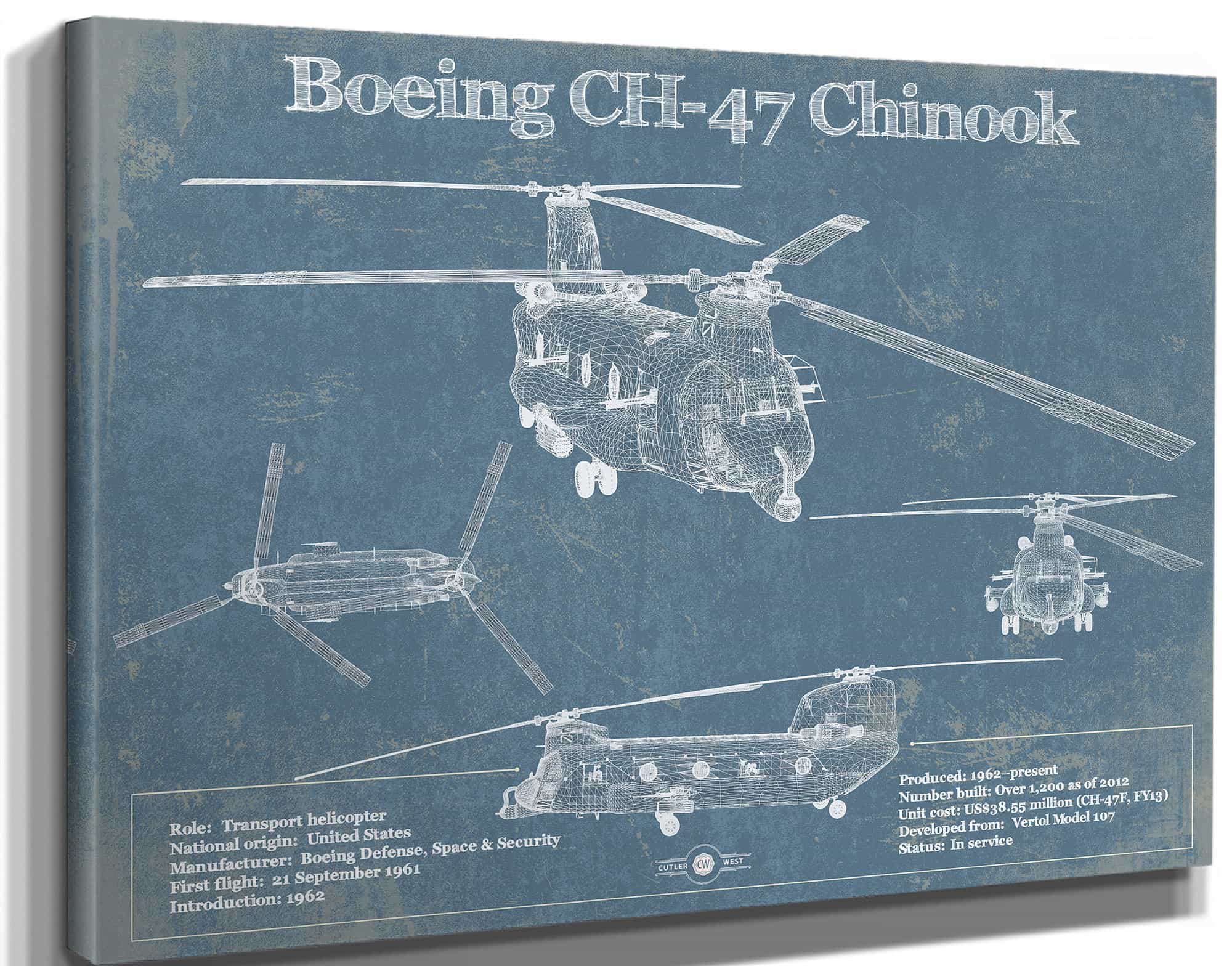 Boeing CH-47 Chinook Helicopter Vintage Aviation Blueprint Military Print - Custom Pilot Name Can Be Added