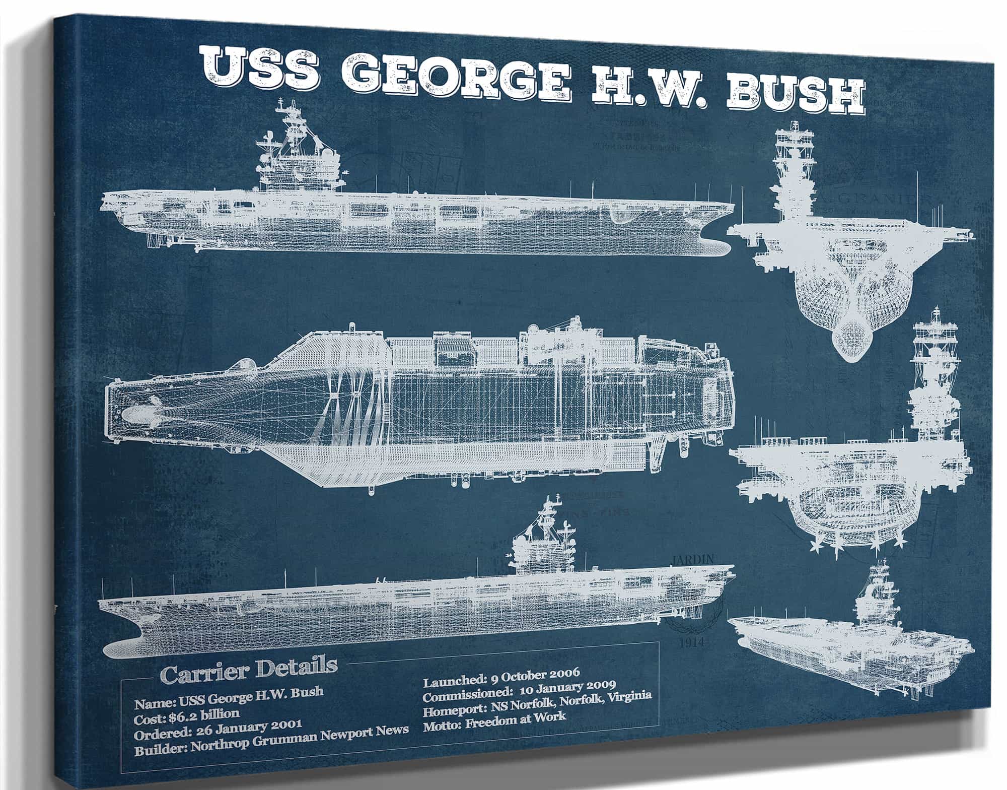 USS George H.W. Bush Aircraft Carrier Blueprint Original Military Wall Art - Customizable
