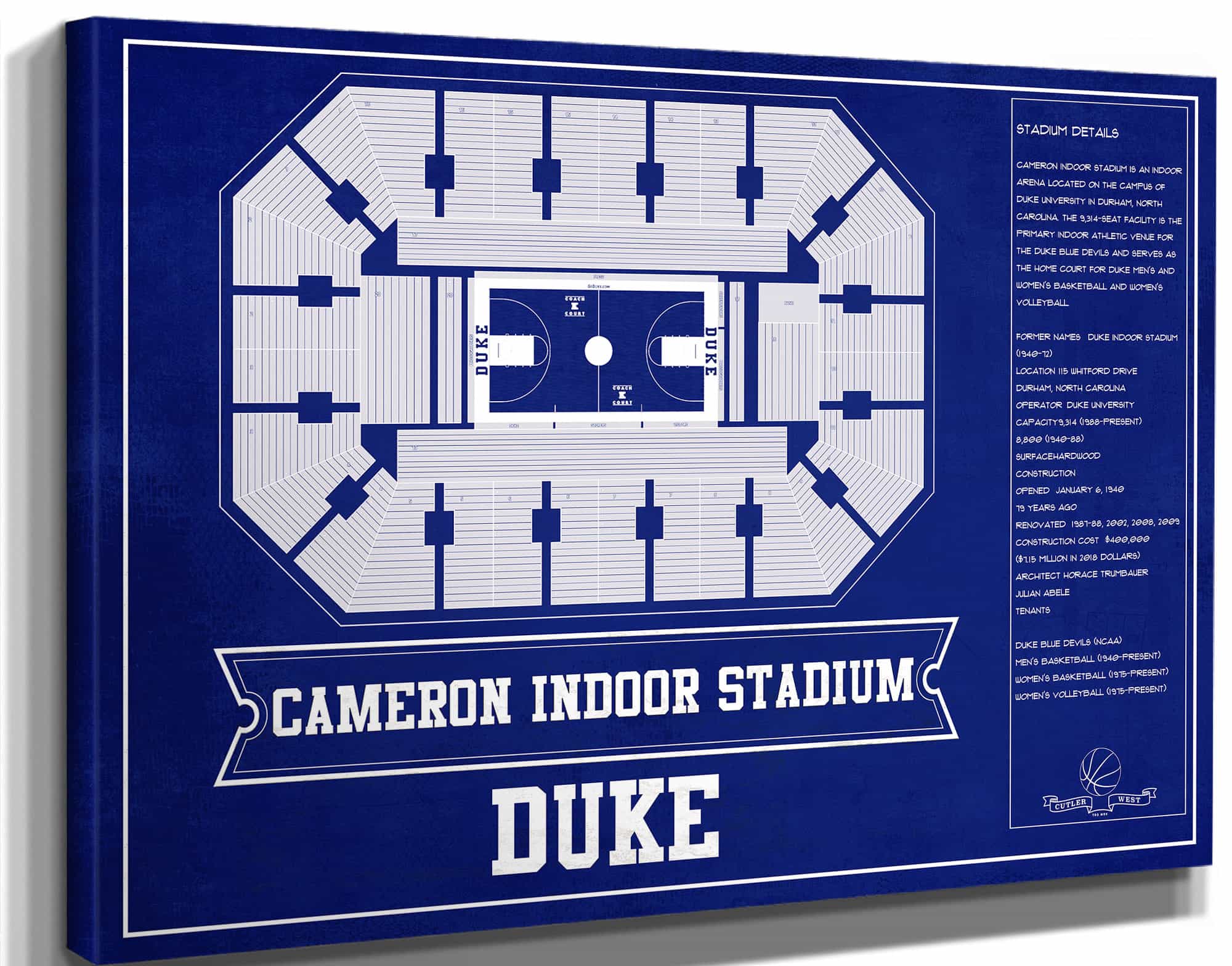 Duke Blue Devils - Cameron Indoor Stadium Seating Chart Team Color - College Basketball Blueprint Art