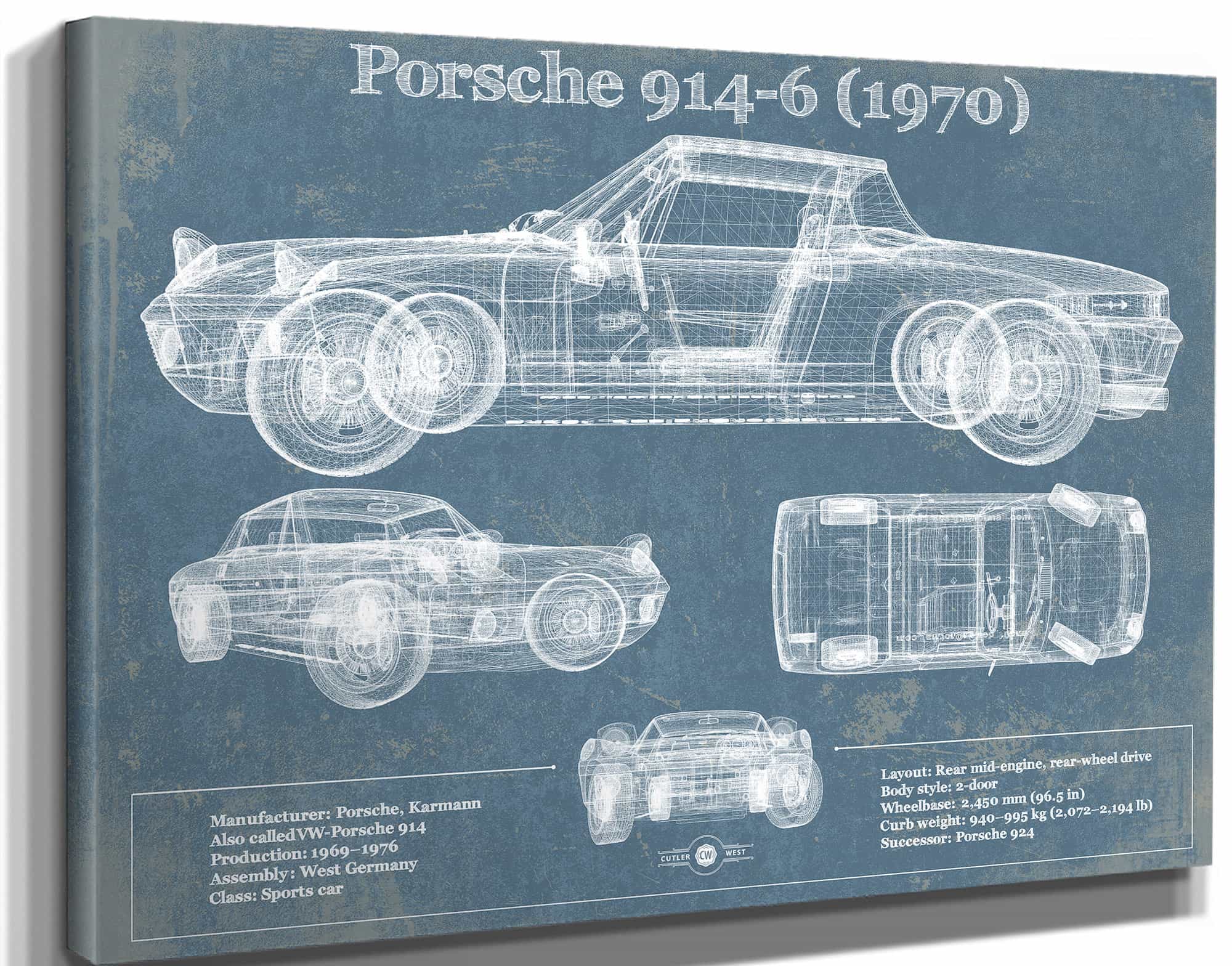 1970 Porsche 914-6 Vintage Blueprint Auto Print