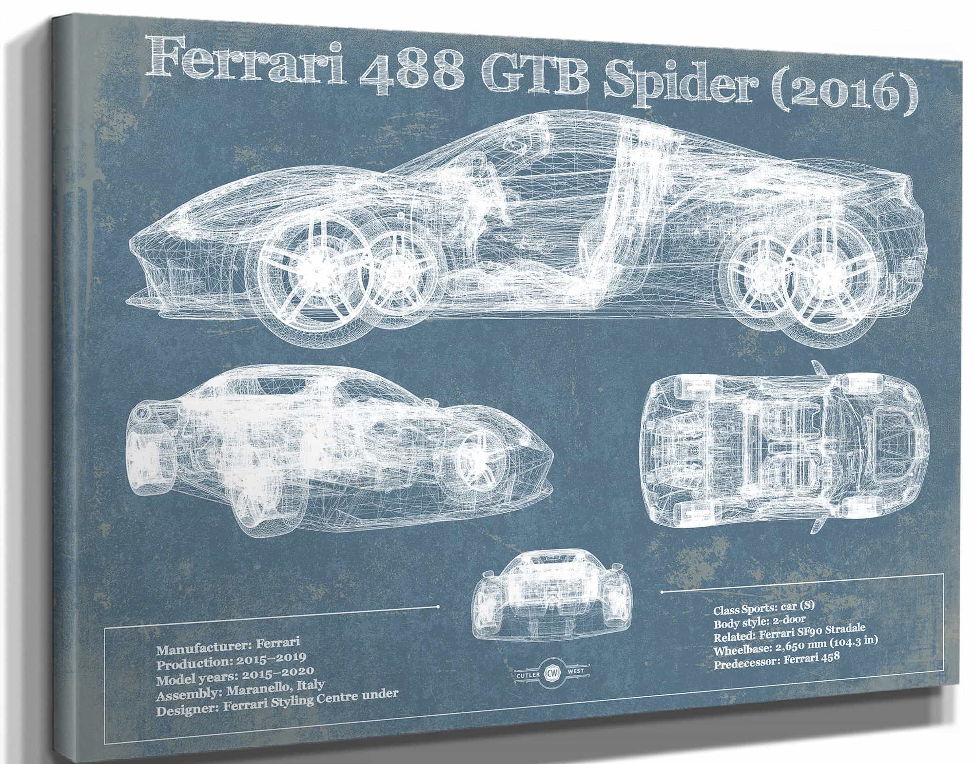 Ferrari 488 GTB Spider (2016) Blueprint Vintage Auto Print