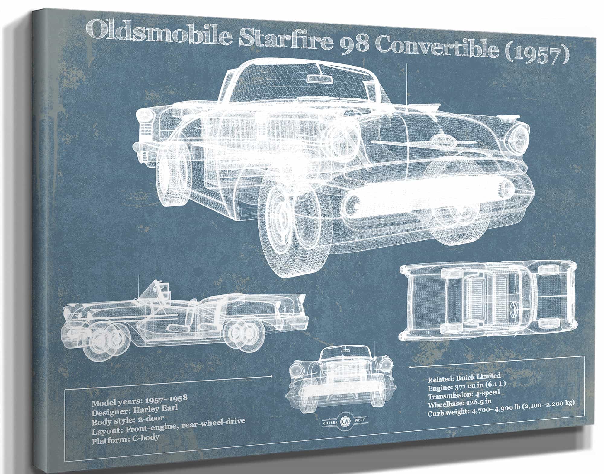 Oldsmobile Starfire 98 Convertible (1957) Blueprint Vintage Auto Print