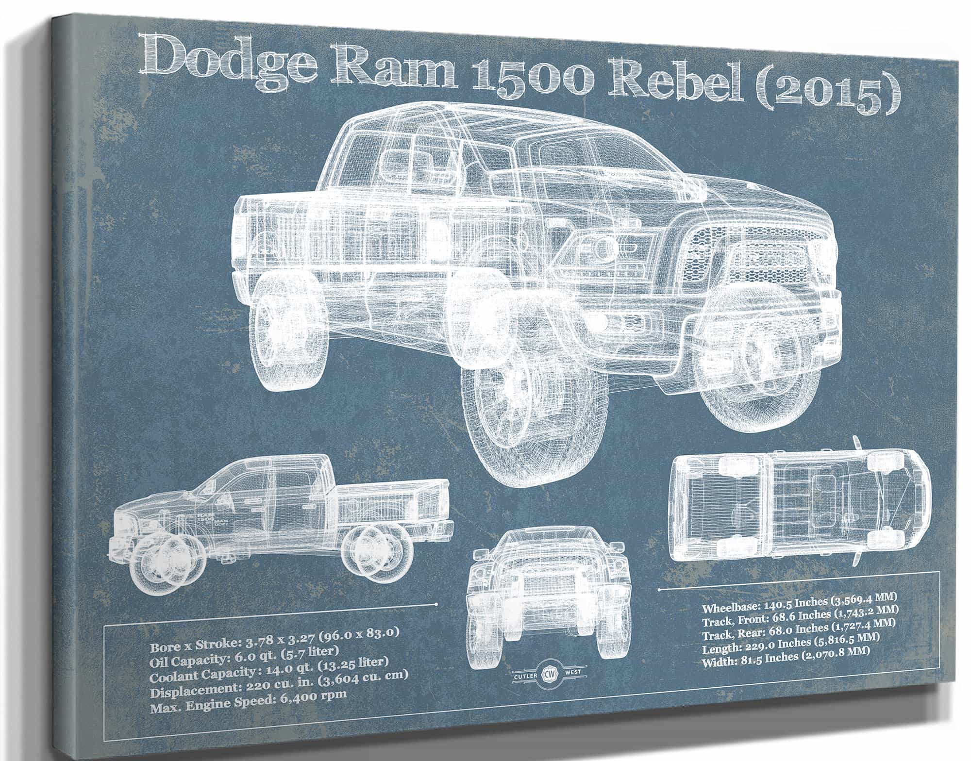 Dodge Ram 1500 Rebel (2015) Vintage Blueprint Auto Print