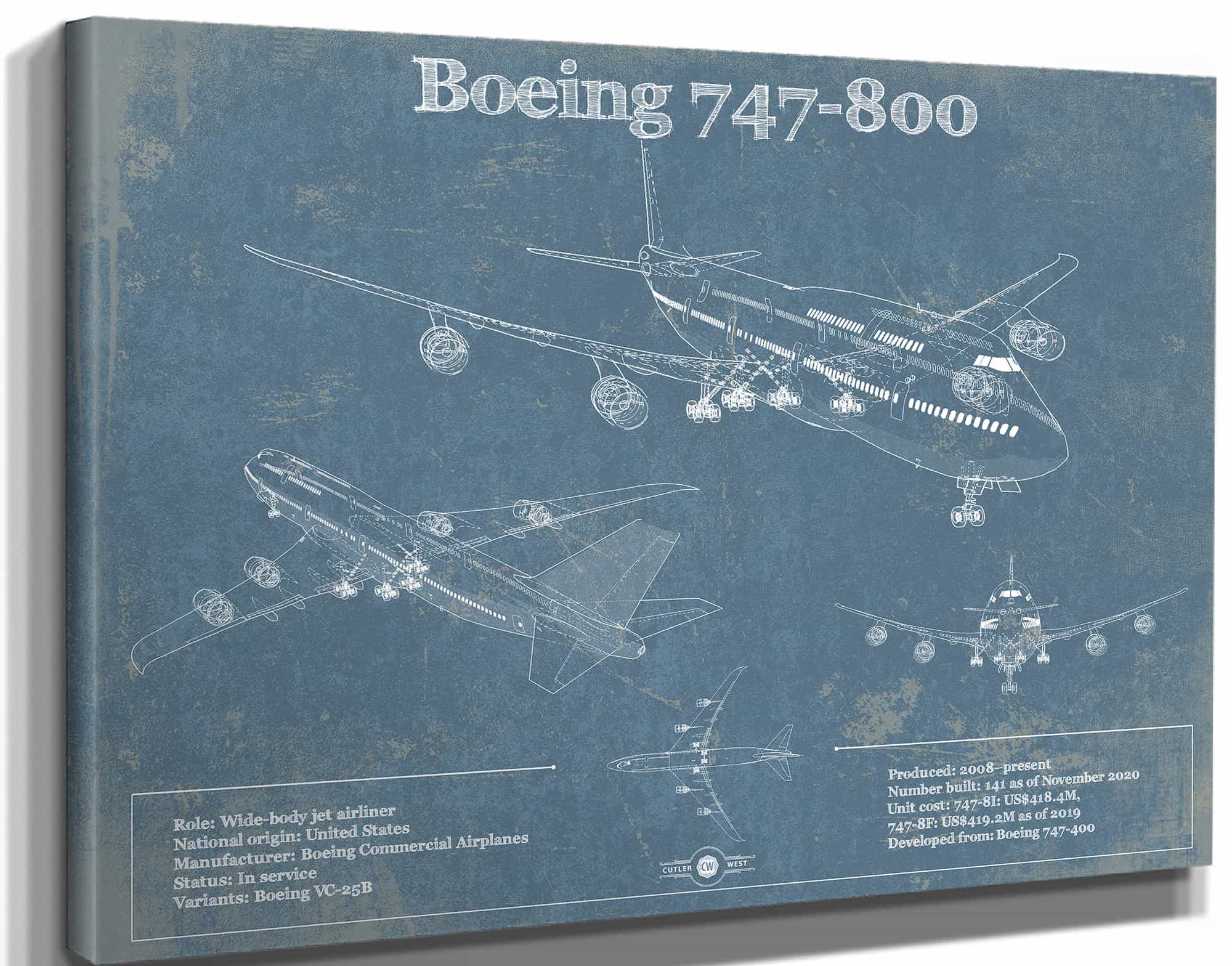 Boeing 747-800 Vintage Aviation Blueprint Print - Custom Pilot Name Can Be Added