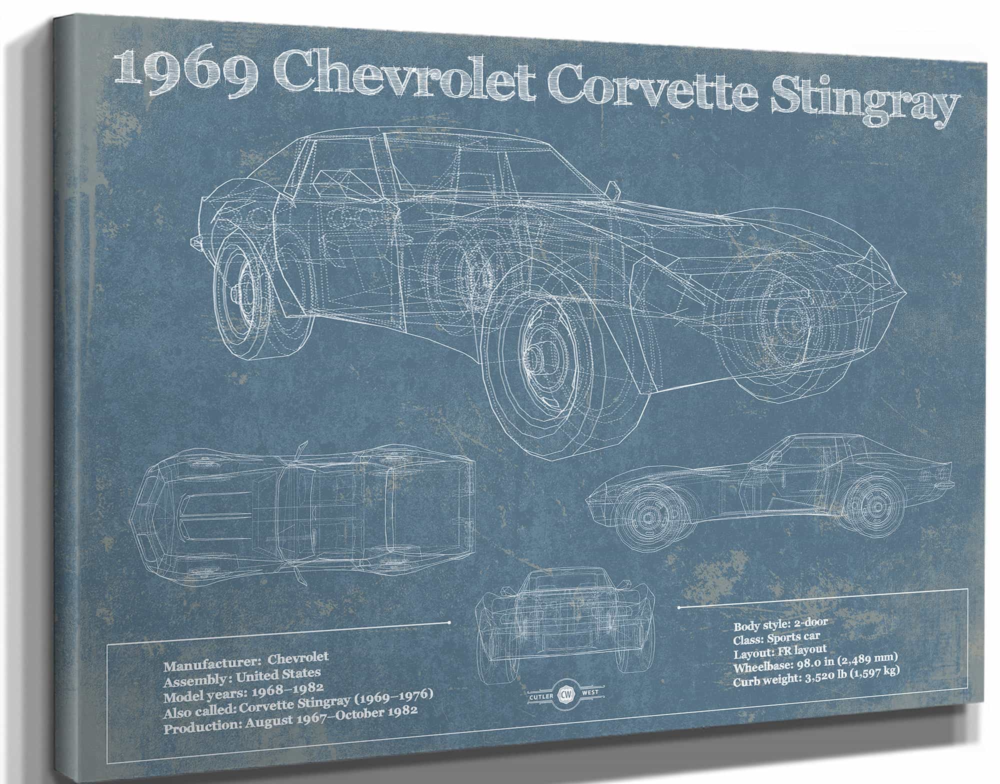 1969 Chevrolet Corvette Stingray Vintage Blueprint Auto Print