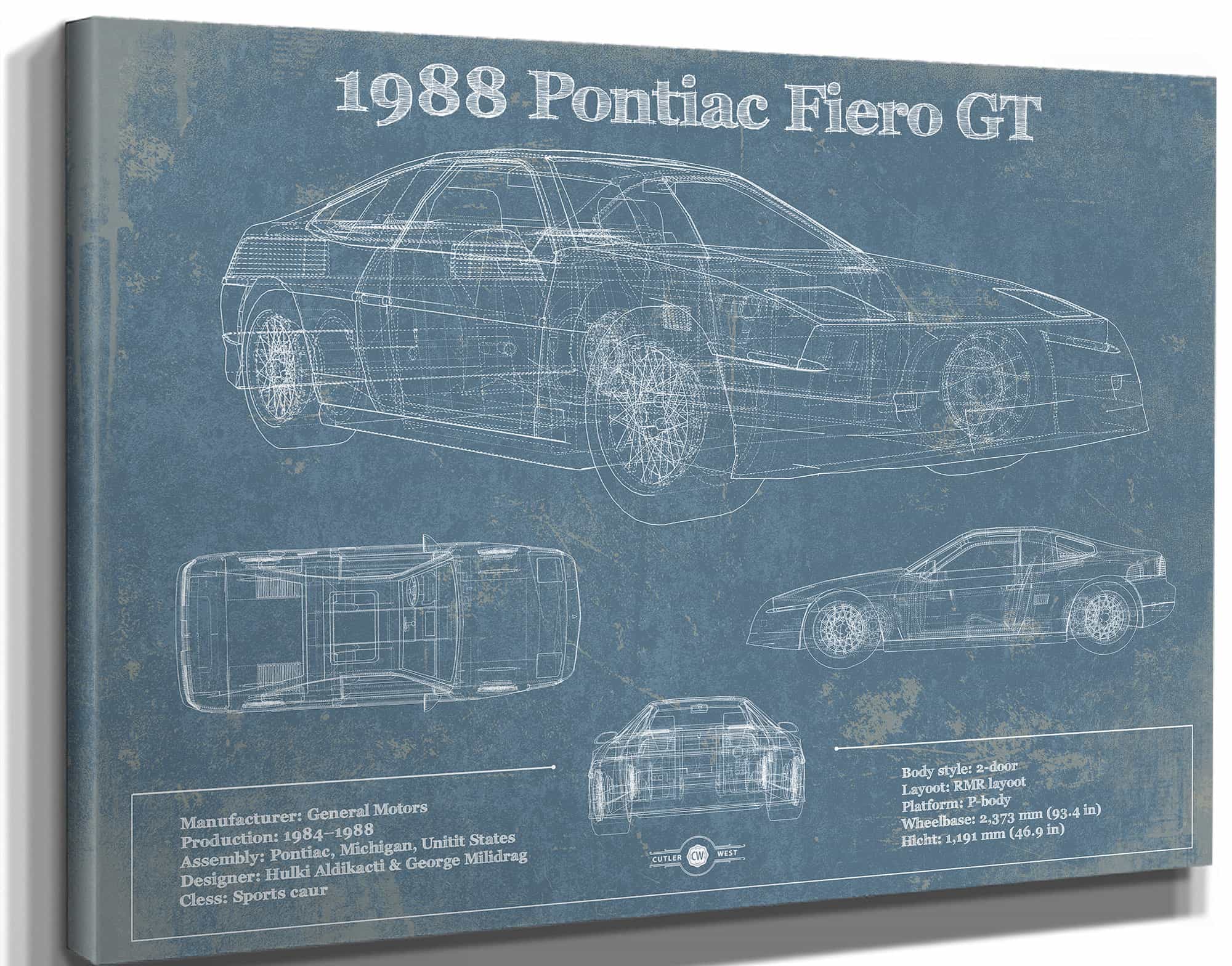 1988 Pontiac Fiero GT Vintage Blueprint Auto Print
