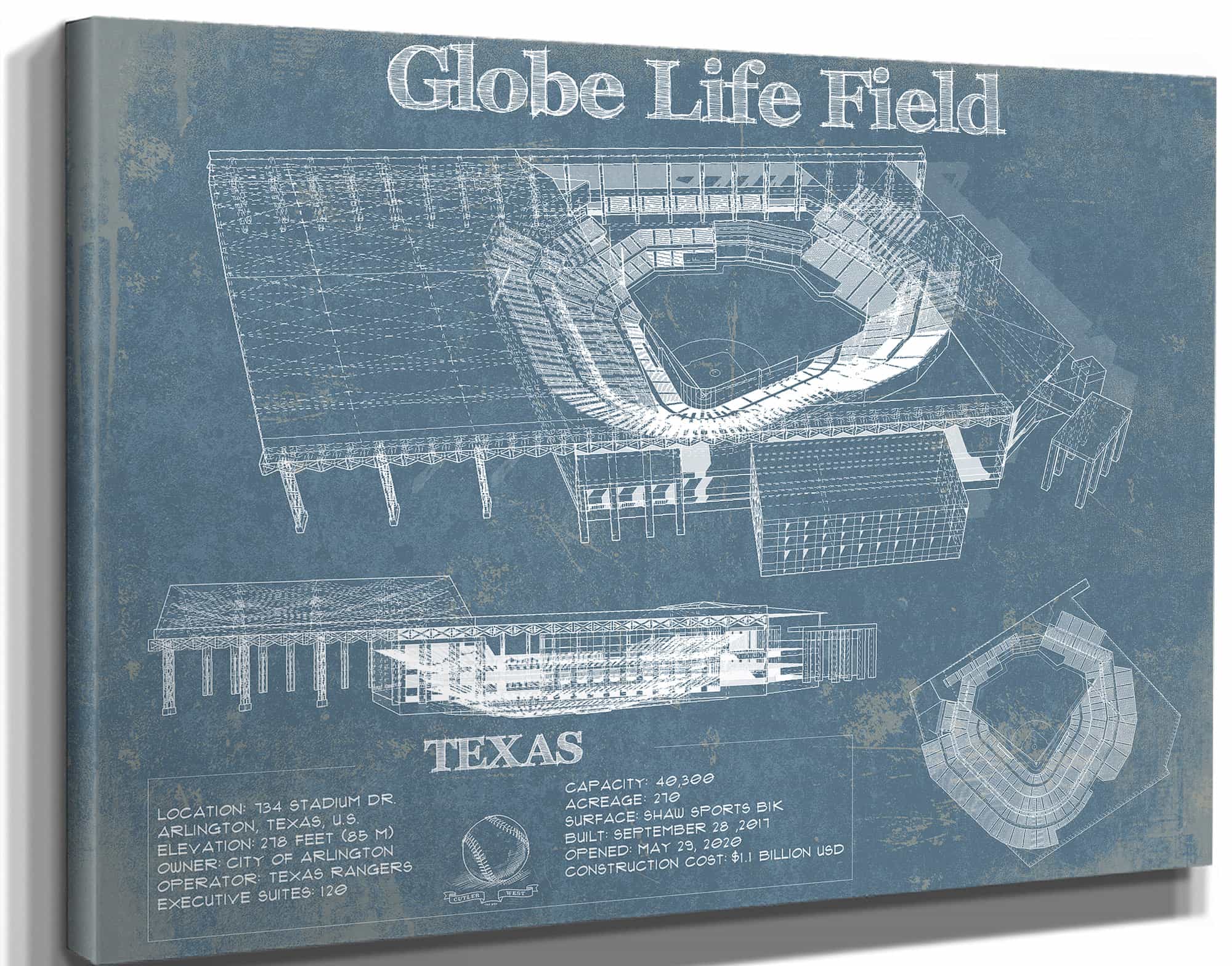 Texas Rangers -  Globe Life Field Vintage Stadium Baseball Print