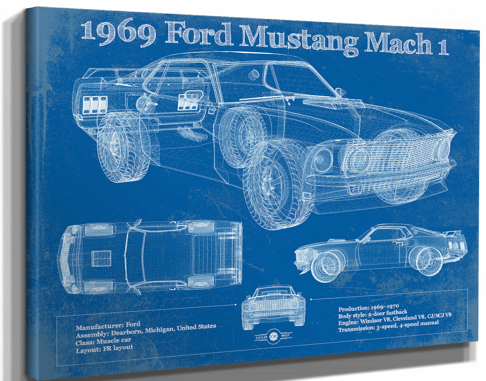 1969 Ford Mustang Mach 1 Vintage Blueprint Auto Print