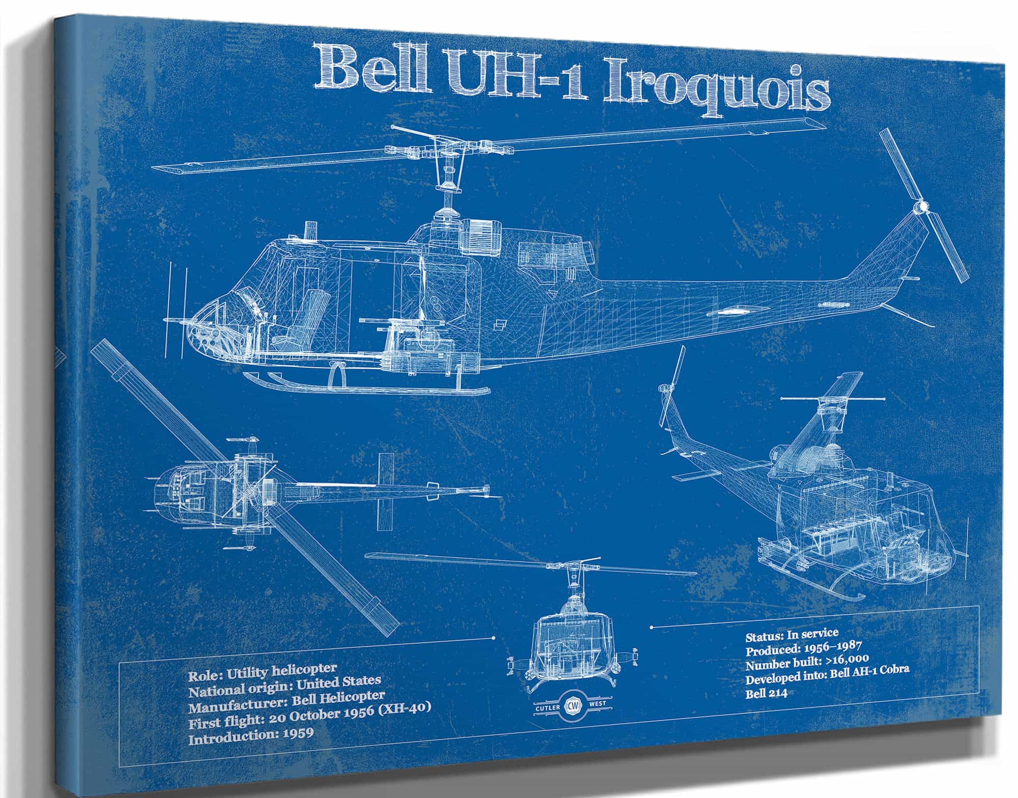 Bell UH-1 Iroquois (Huey) Vintage Blueprint Helicopter Print