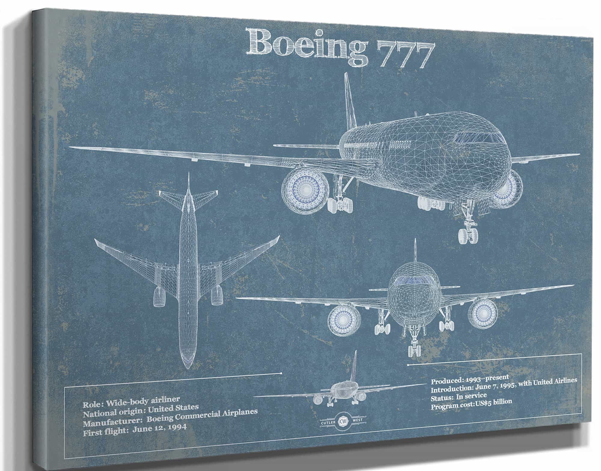 Boeing 777 Vintage Aviation Blueprint Print - Custom Pilot Name Can Be Added