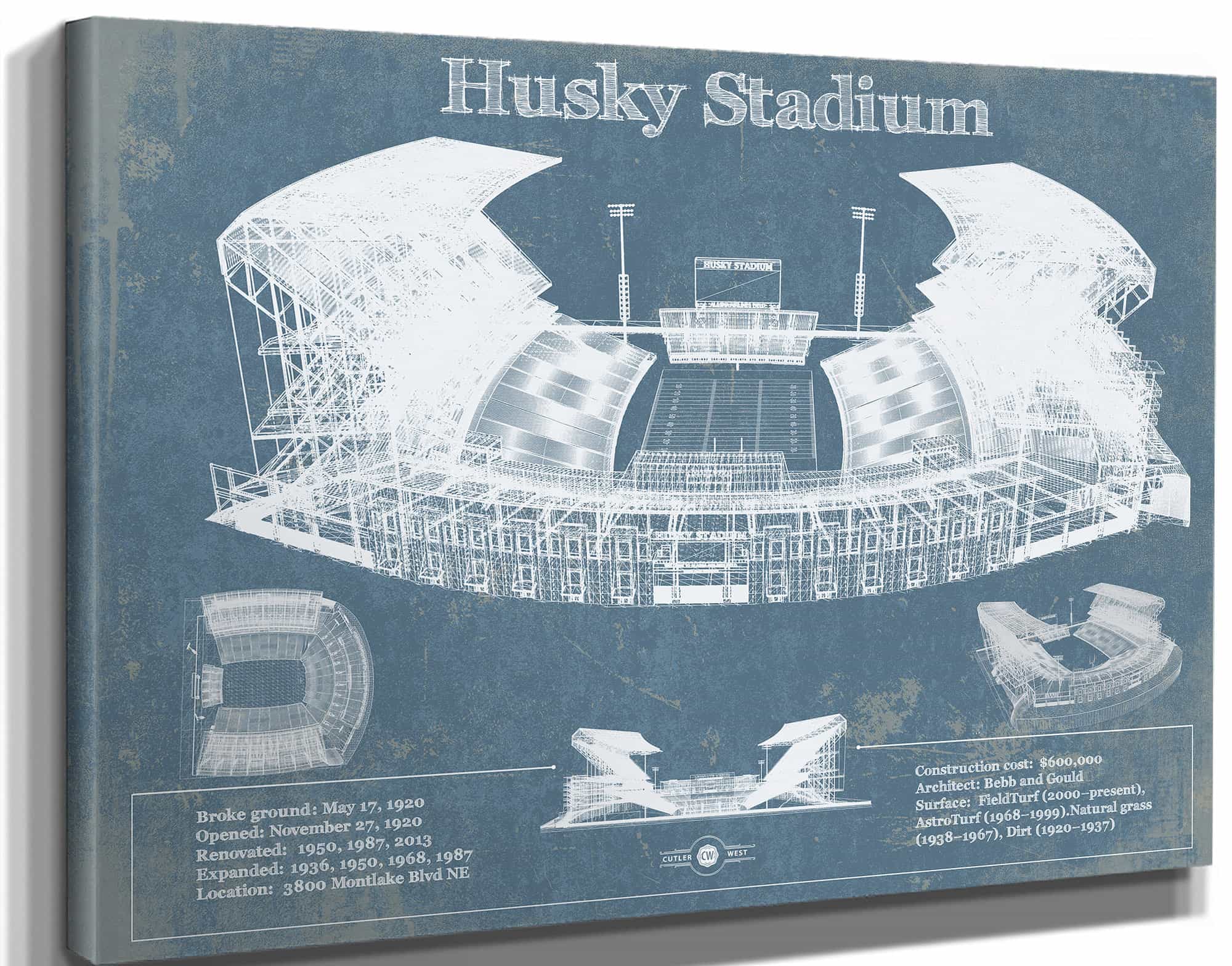 Washington Huskies Art Blue Version - Husky Stadium Vintage Stadium Blueprint Art Print