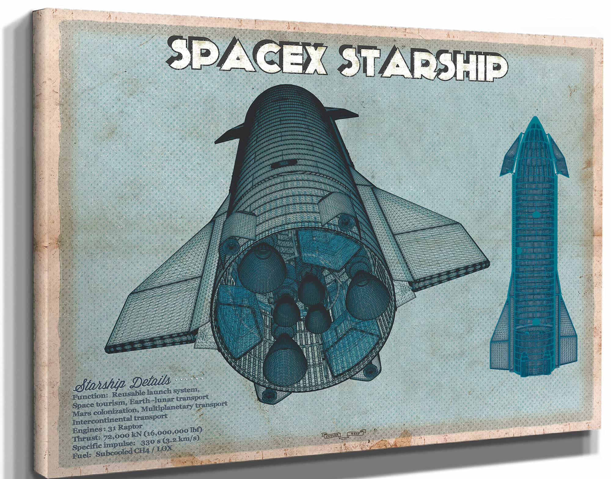 SpaceX Starship Blue Vintage Space Exploration Print
