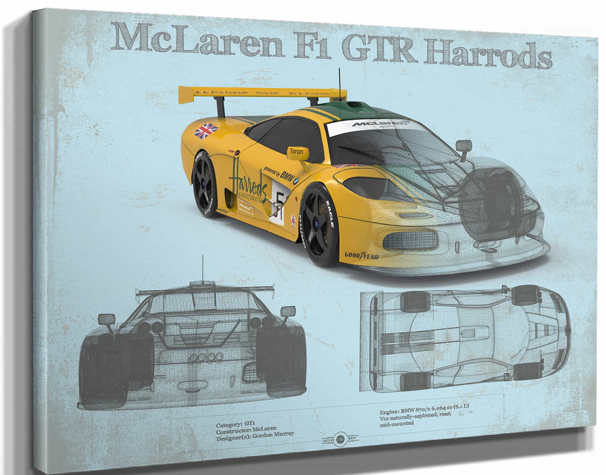 McLaren F1 GTR Harrods Blueprint Vintage Auto Print
