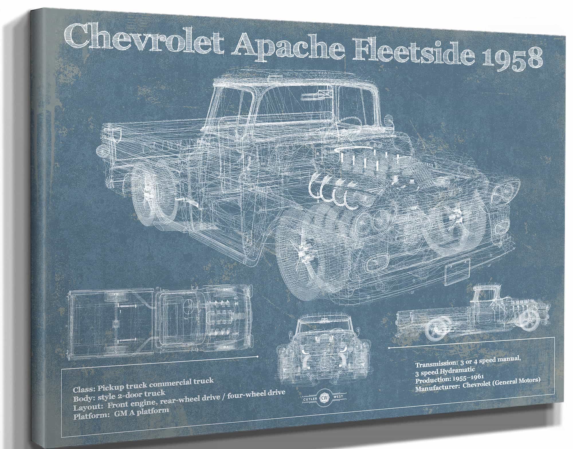 Cheverolet Apache Fleetside 1958 Vintage Blueprint Truck Print