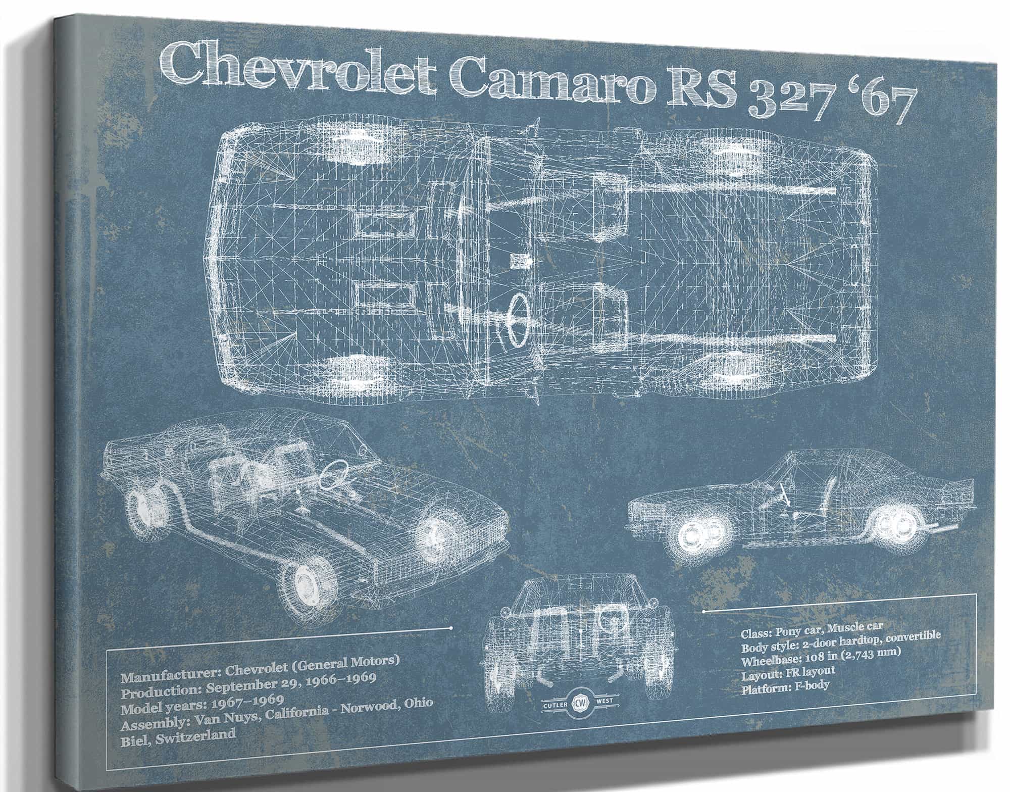 Chevy Camaro 327 RS 1967 Vintage Blueprint Auto Print