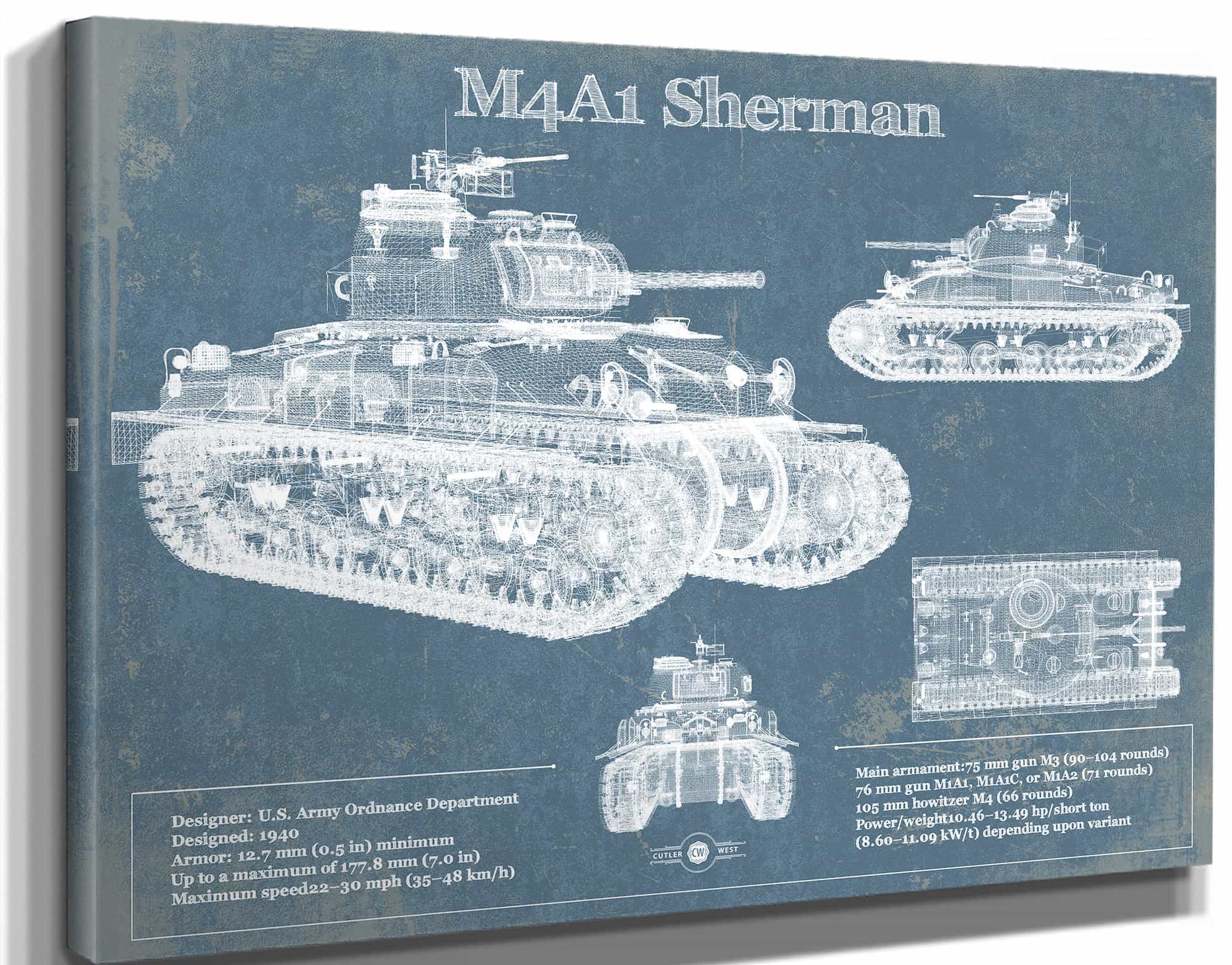M4A1 Sherman Tank Vintage Blueprint Print